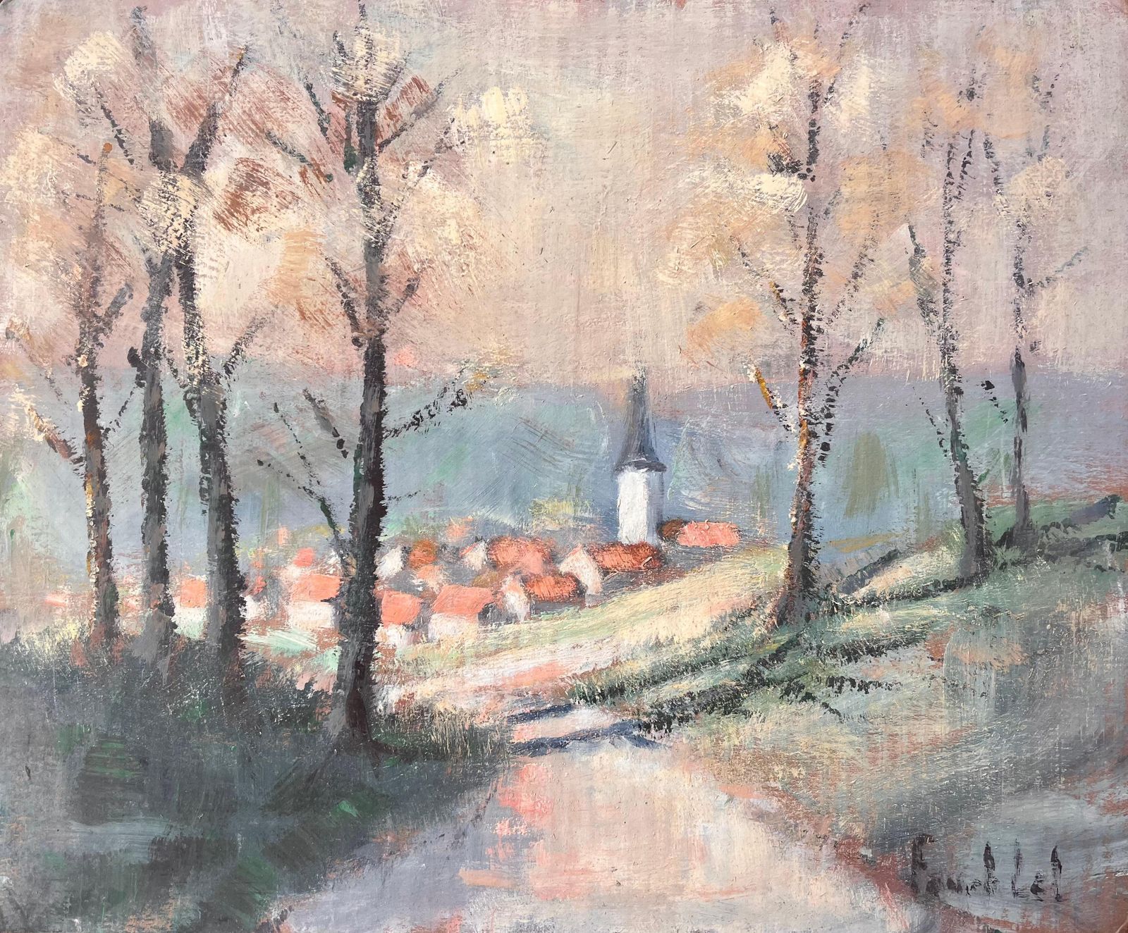 Fanch Lelimpressionist Countryside Scene With Church Spire Red Roofs And Autumn Trees