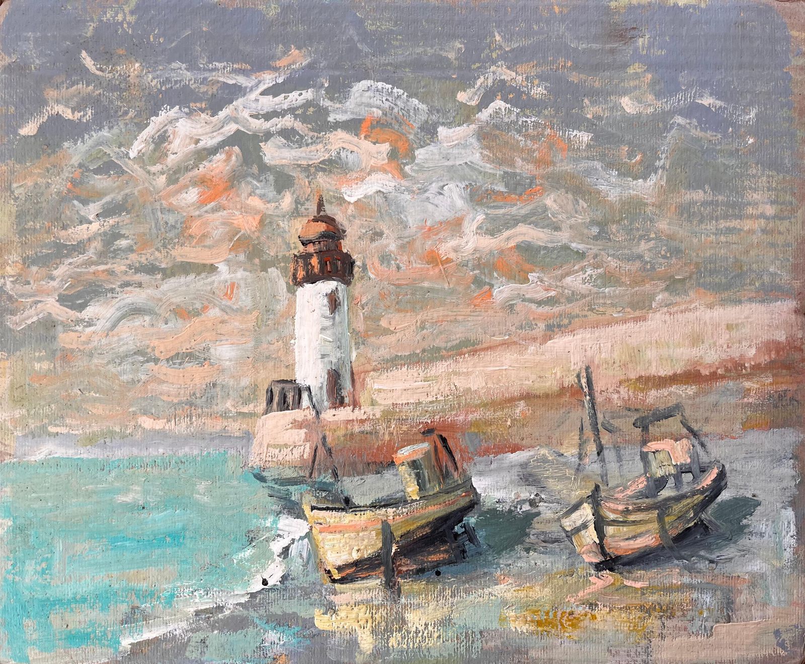 Fanch Lelimpressionist Lighthouse Scene With Beached Fishing Boats And Dramatic Sky
