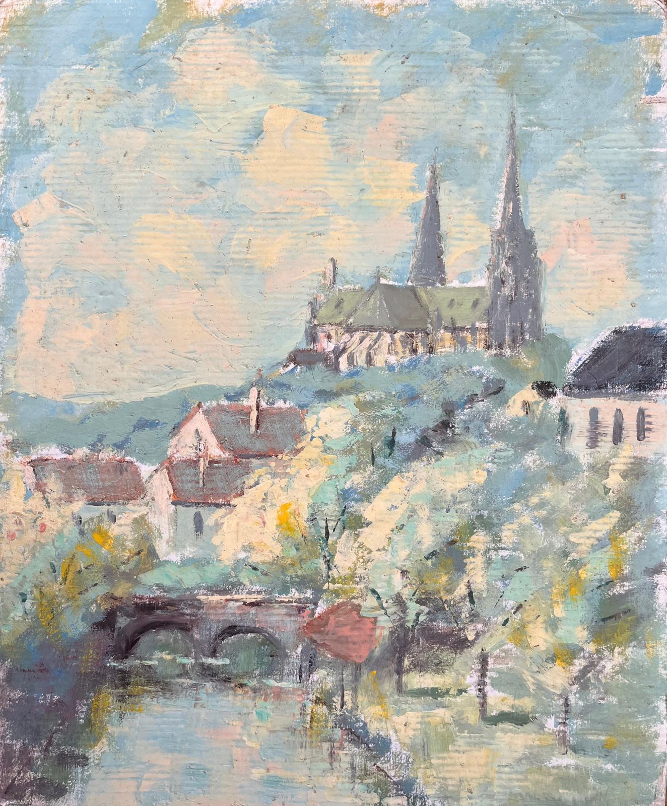 Fanch Lelimpressionist View Of Hilltop Cathedral And Bridge And Riverside Village
