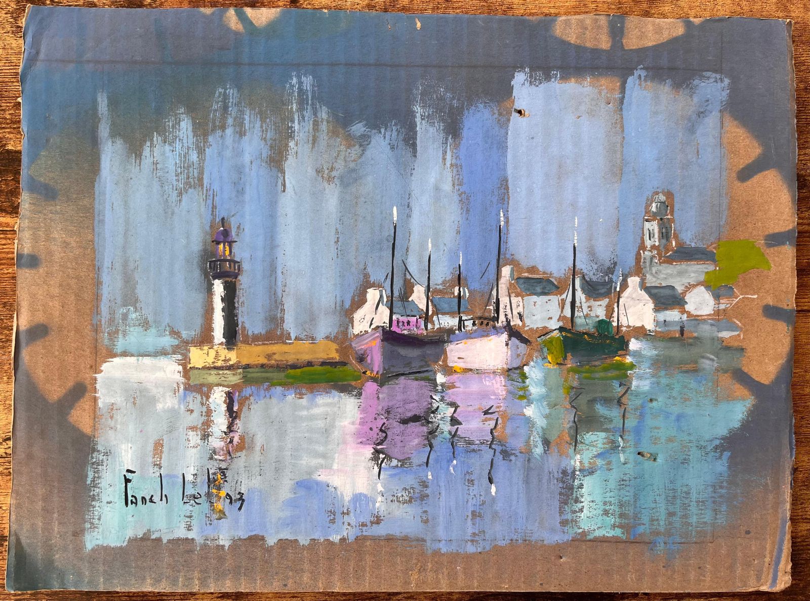 Fanch Lelcolourful Impressionist Harbour With Lighthouse Boats And Reflections At Dusk1993 photo furniture