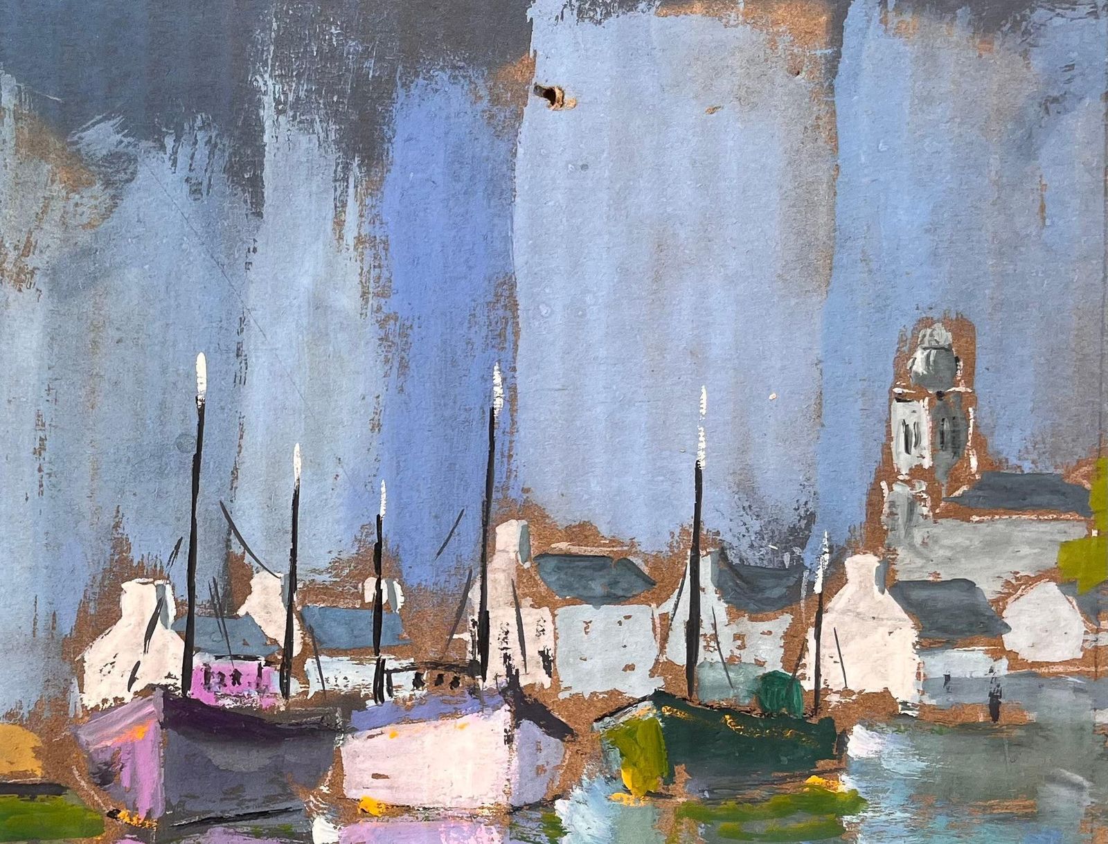 Fanch Lelcolourful Impressionist Harbour With Lighthouse Boats And Reflections At Dusk1993 photo for sale