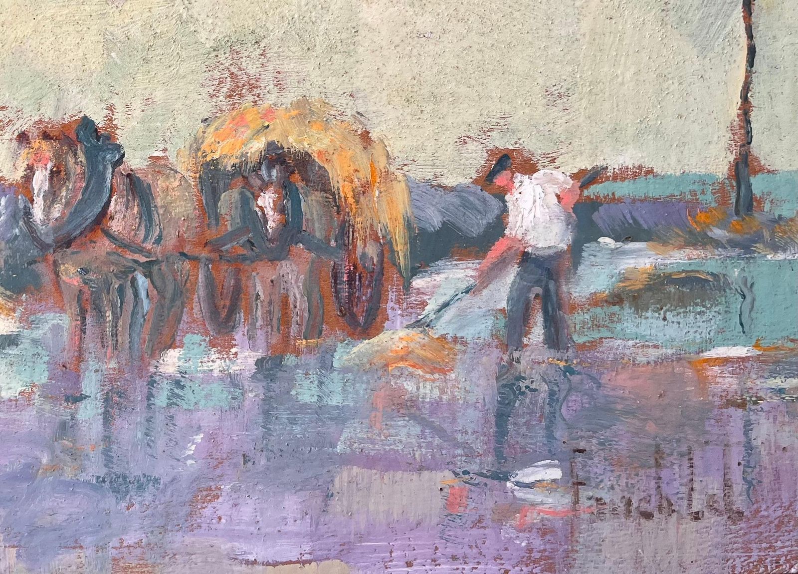 Fanch Lelimpressionist Rural Scene With Horse Cart And Farm Worker In Coastal Village photo for sale