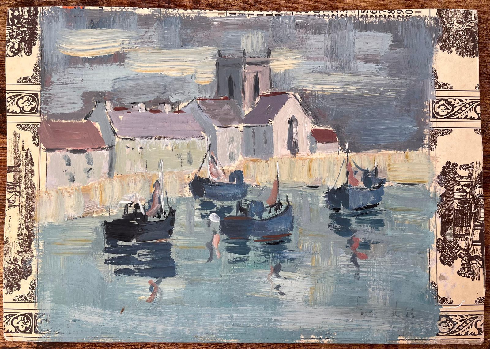Fanch Lelimpressionist Harbour Scene With Fishing Boats And Church Under Cloudy Sky photo furniture
