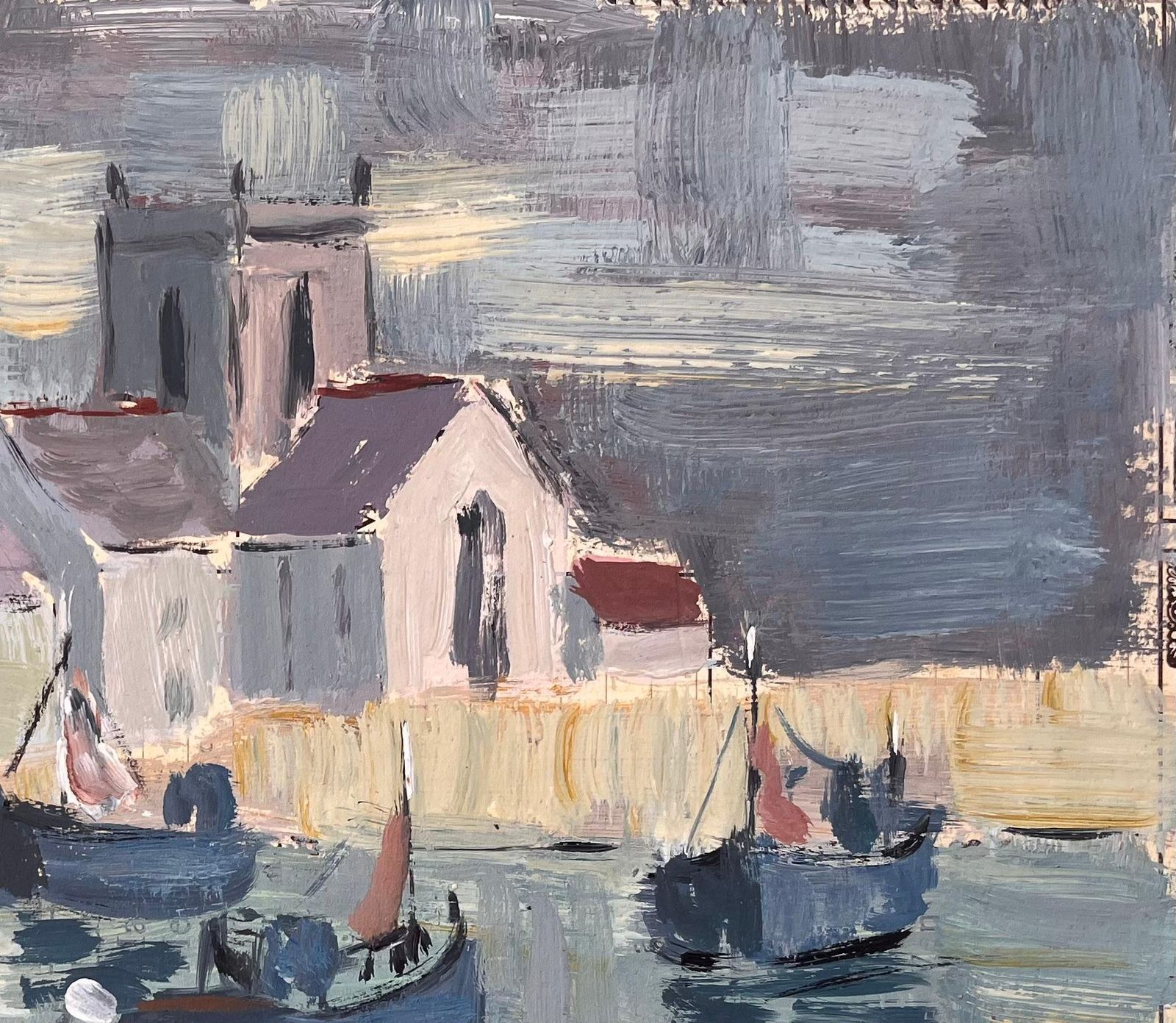 Fanch Lelimpressionist Harbour Scene With Fishing Boats And Church Under Cloudy Sky photo 541.0