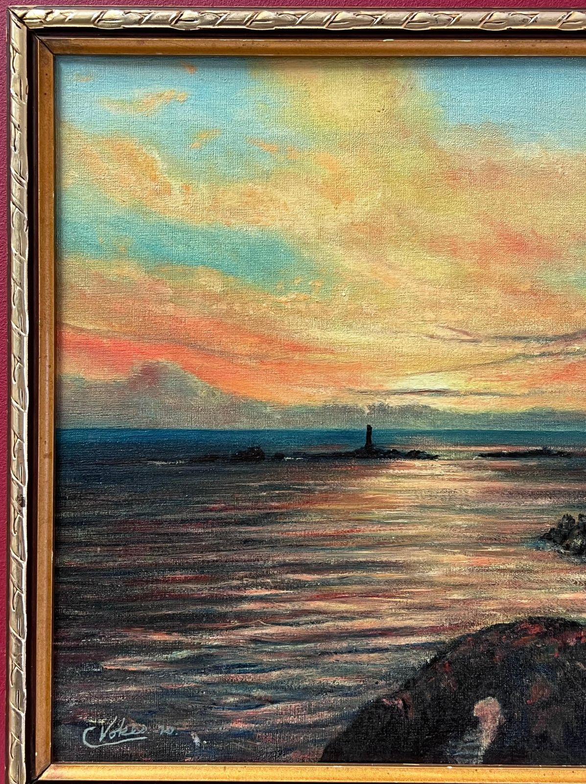 Colin Vokessunrise Over Lands End Cornwall Signed British Impressionist Oil Painting1970 photo 663.0