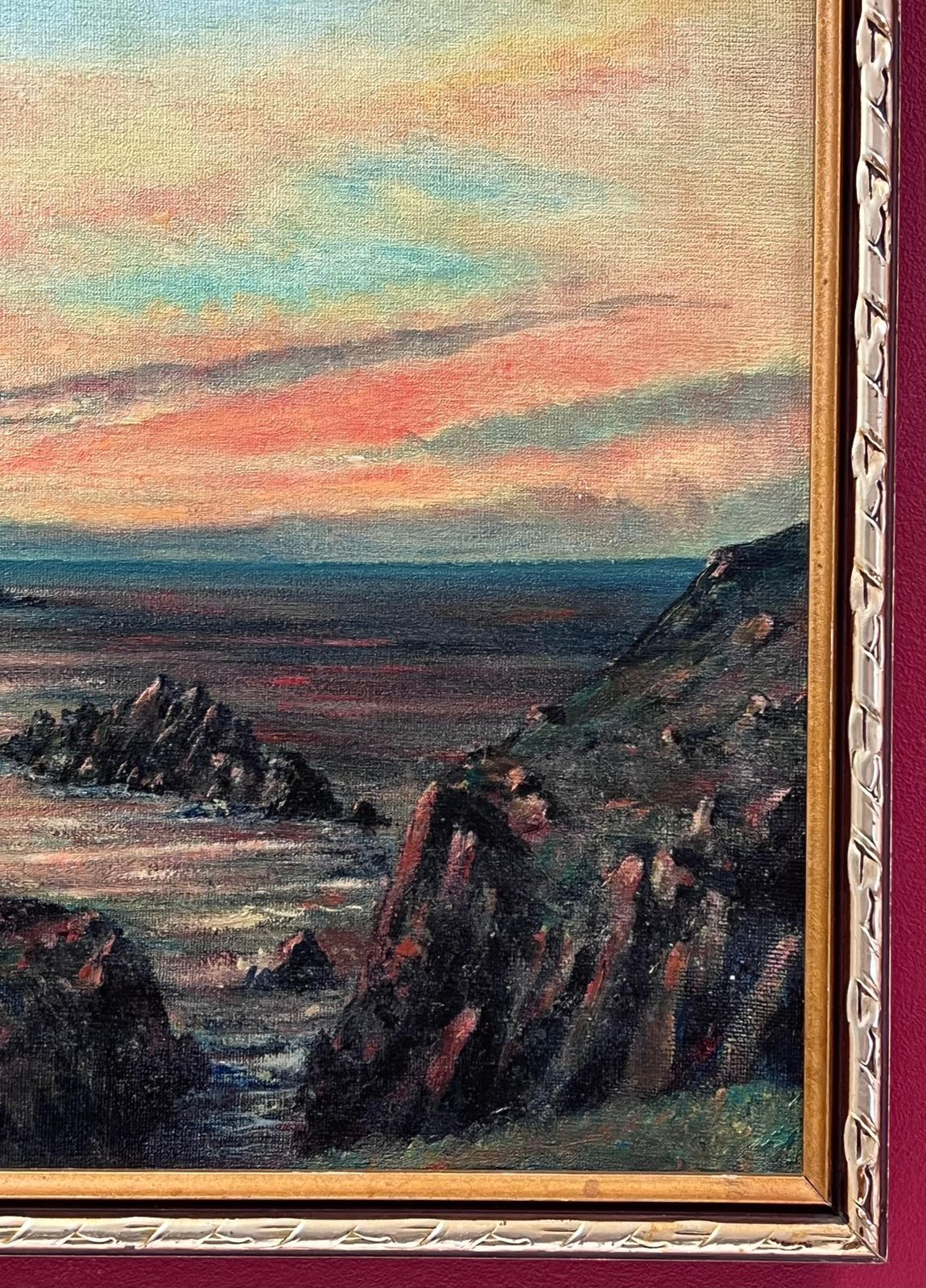 Colin Vokessunrise Over Lands End Cornwall Signed British Impressionist Oil Painting1970 photo vintage