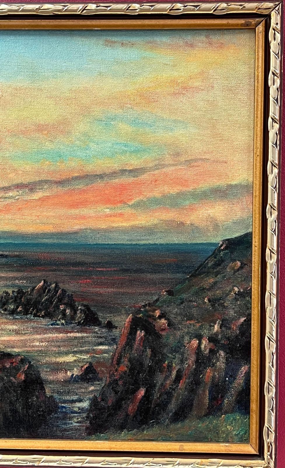 Art Colin Vokessunrise Over Lands End Cornwall Signed British Impressionist Oil Painting1970 photo