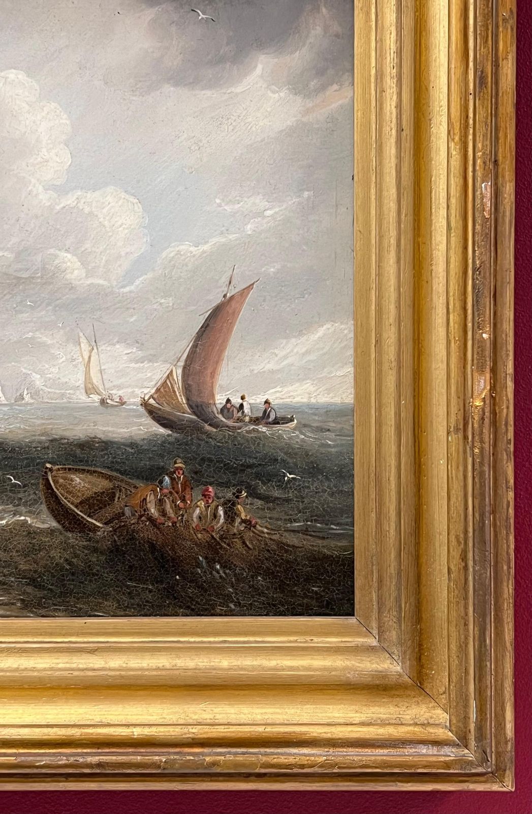 Fine Antique English Marine Oil Painting Shipping Of Rocky Coastline & Figures photo 1316.0