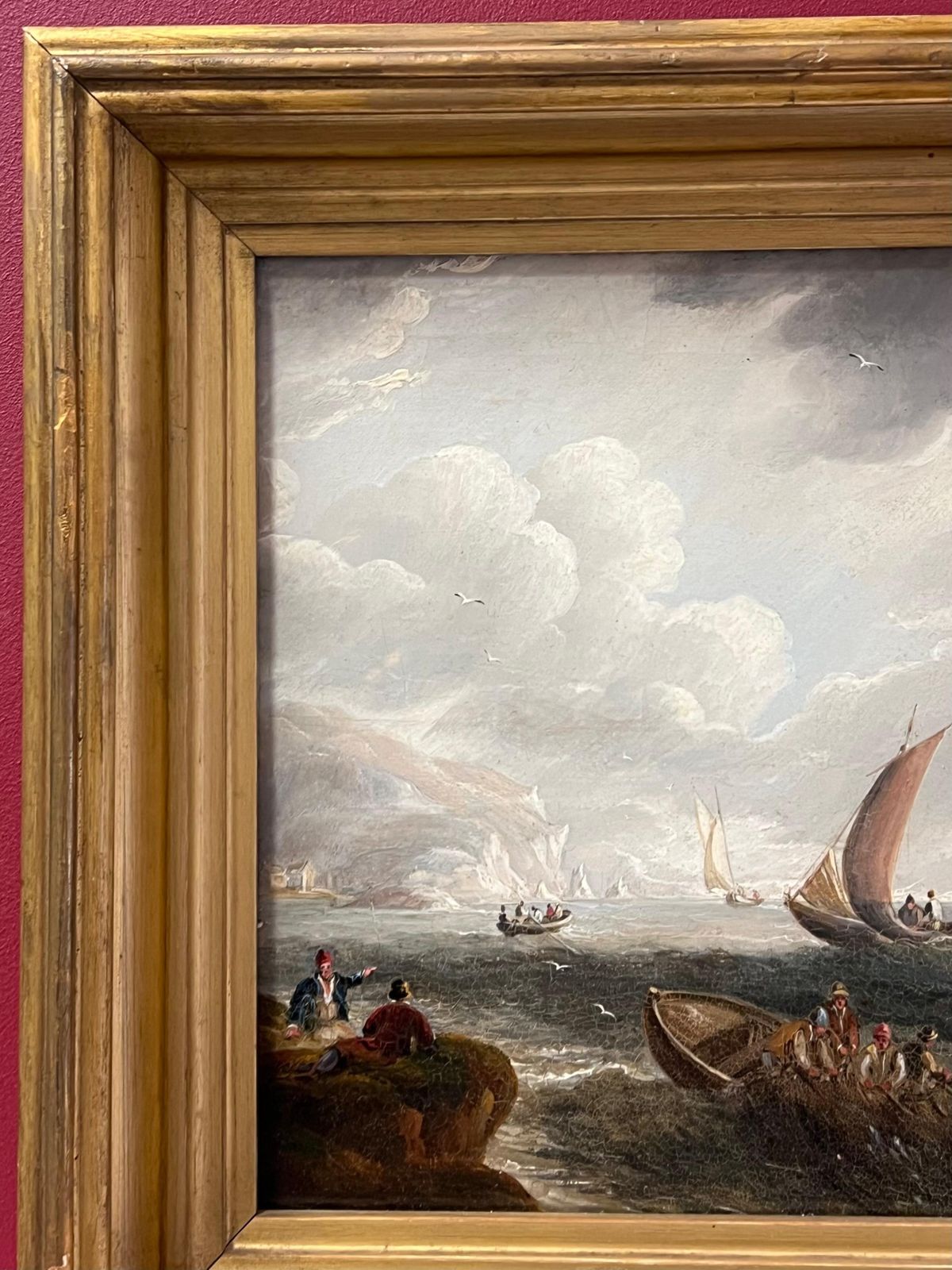 Fine Antique English Marine Oil Painting Shipping Of Rocky Coastline & Figures photo buy