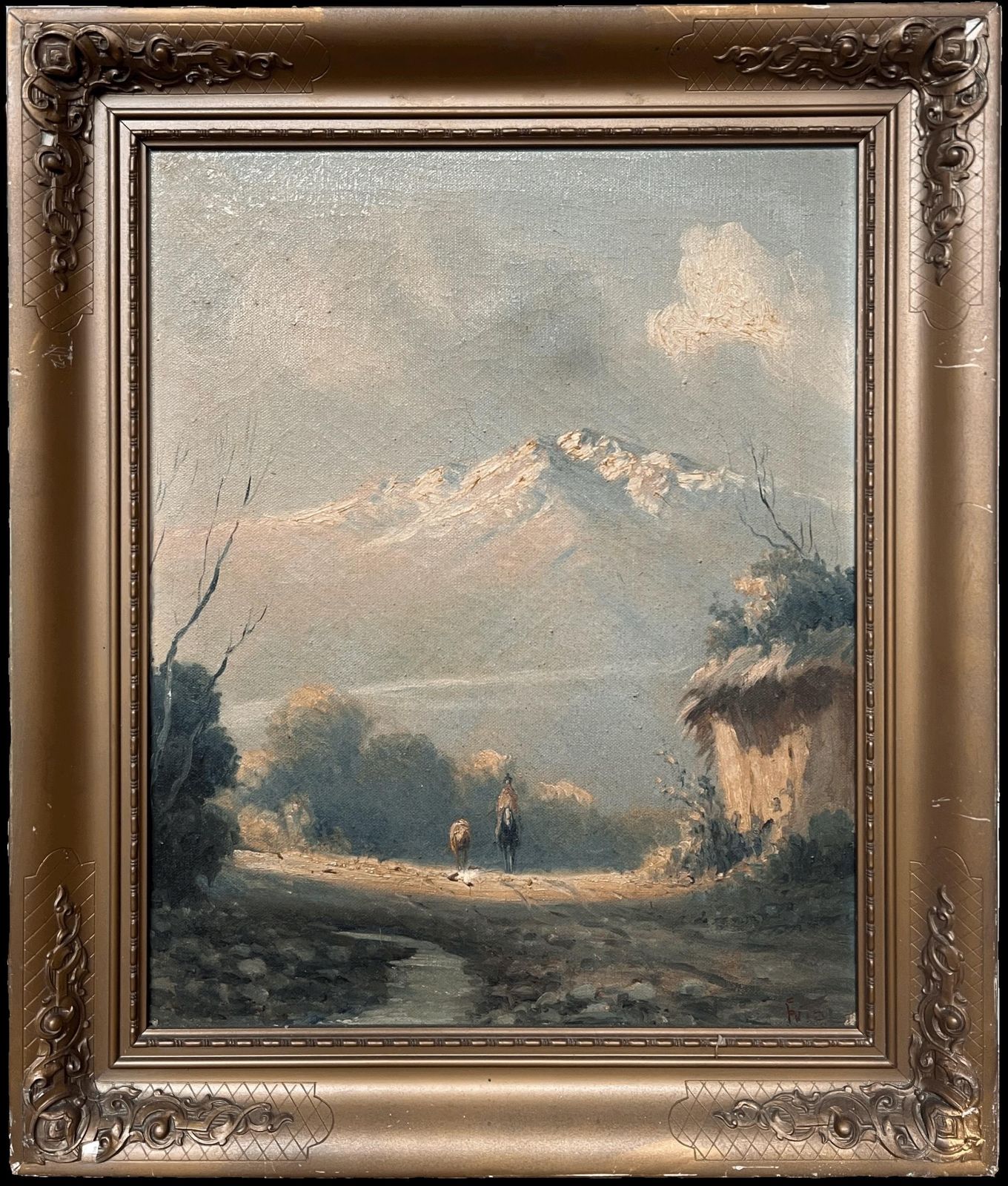 Antique Italian Schoolantique Italian Lakes Landscape Oil Painting Signed & Framed Figures Alpine View