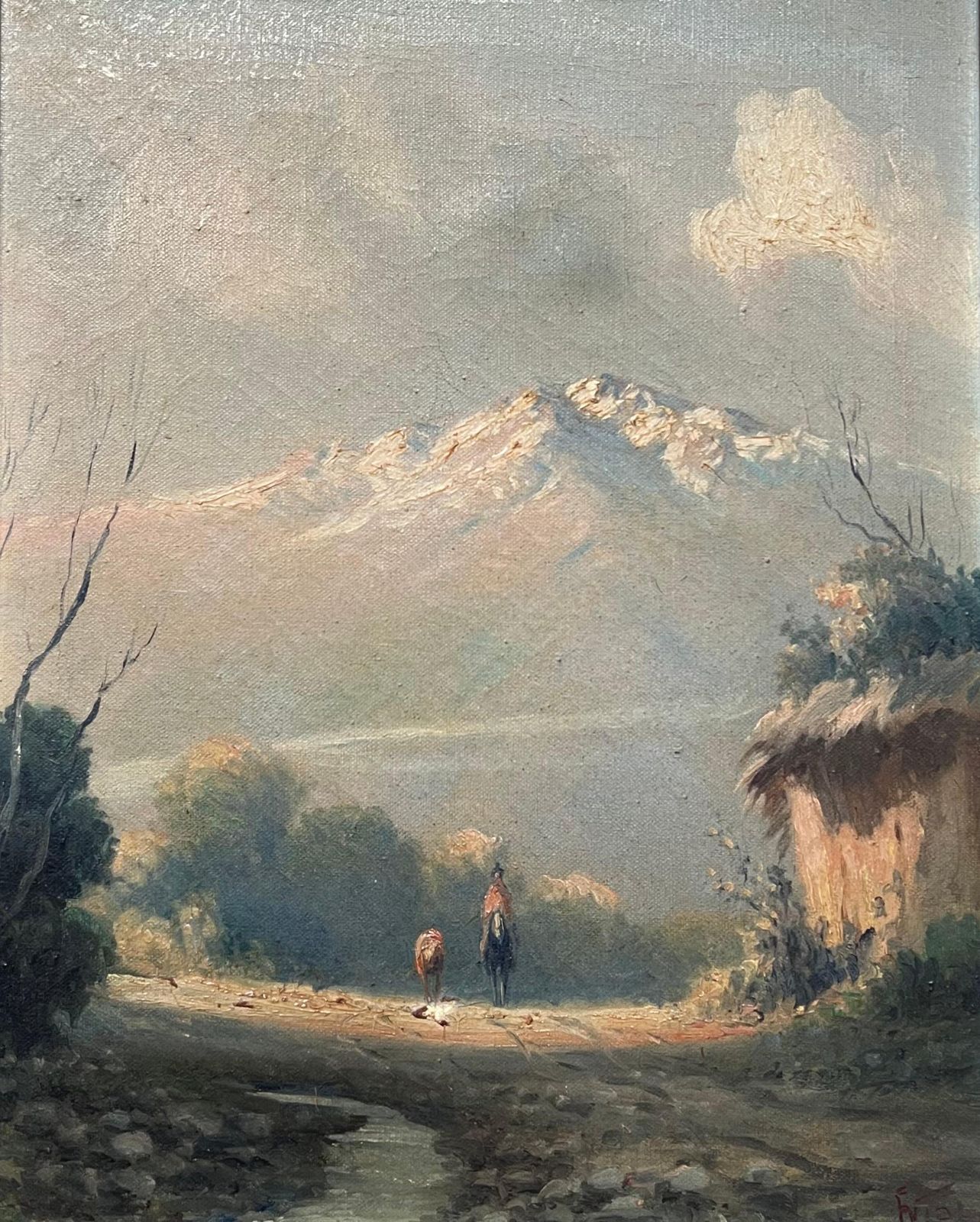 Antique Italian Schoolantique Italian Lakes Landscape Oil Painting Signed & Framed Figures Alpine View photo for sale
