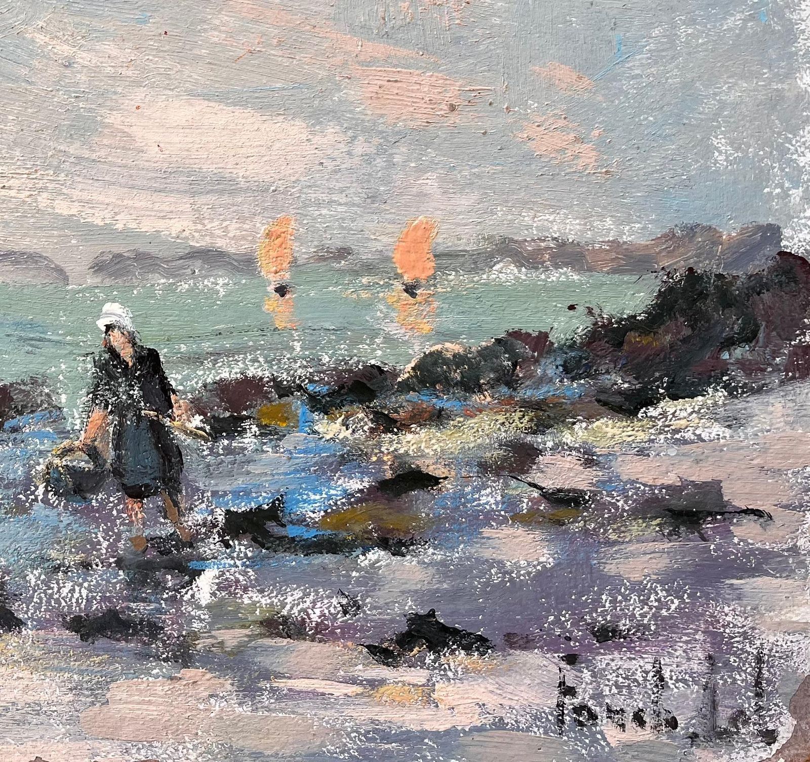 Fanch Lelfrench Coastal Oil Painting Of Low Tide Shore Fishing With Sailboats And Figures photo for sale