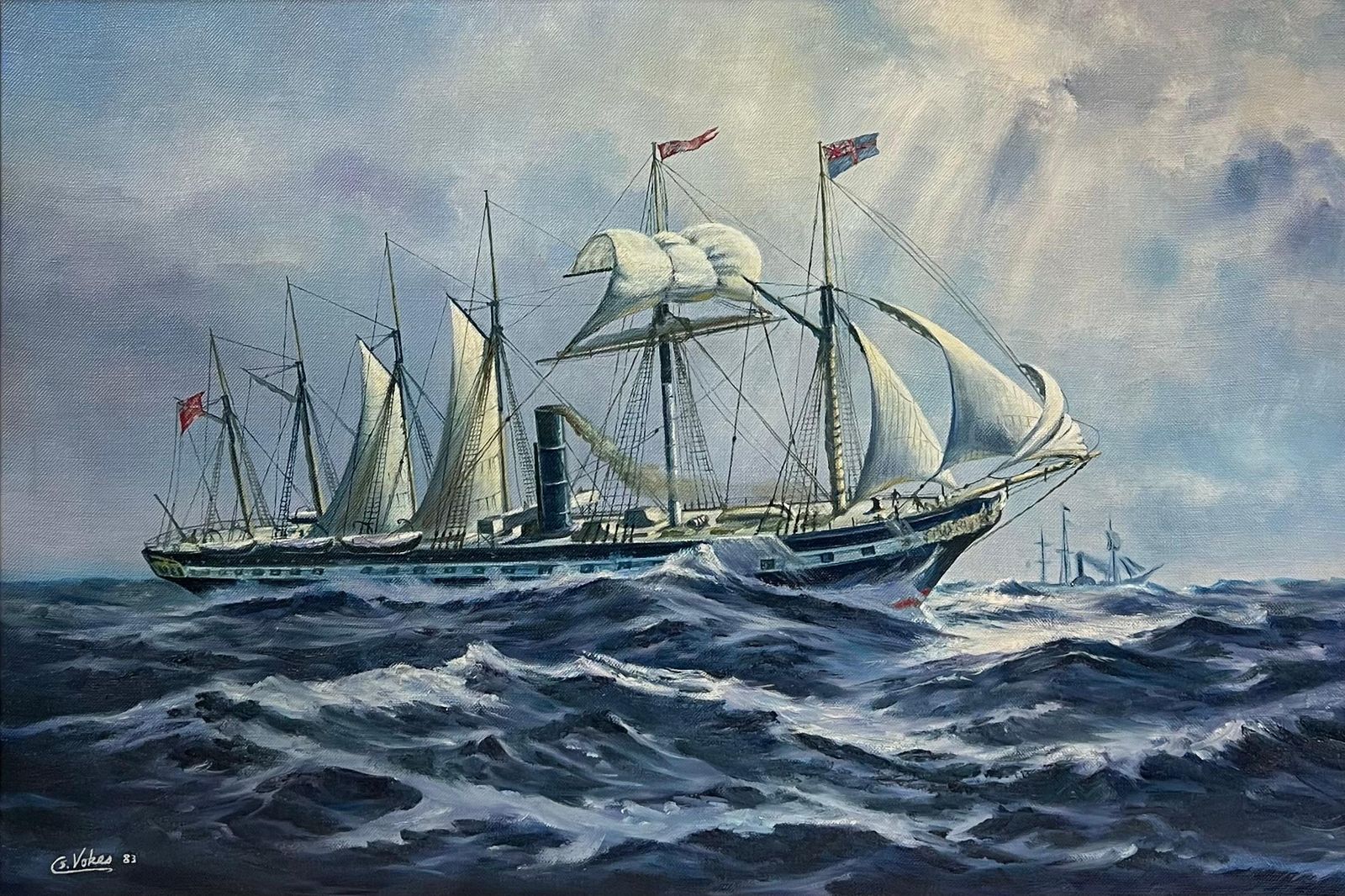 European Artistlarge Classic Marine Signed Oil Painting Sailing Ship On Choppy Seas Gilt Framed photo furniture
