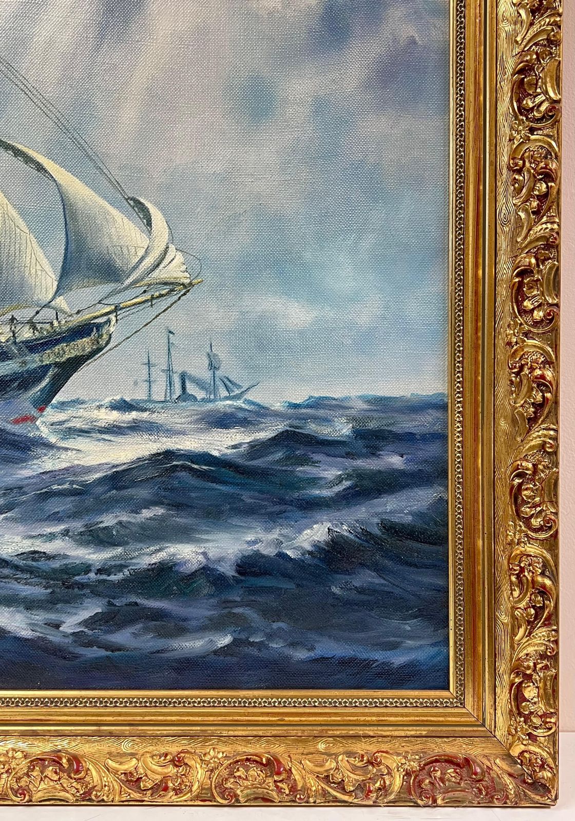 photo furniture European Artistlarge Classic Marine Signed Oil Painting Sailing Ship On Choppy Seas Gilt Framed