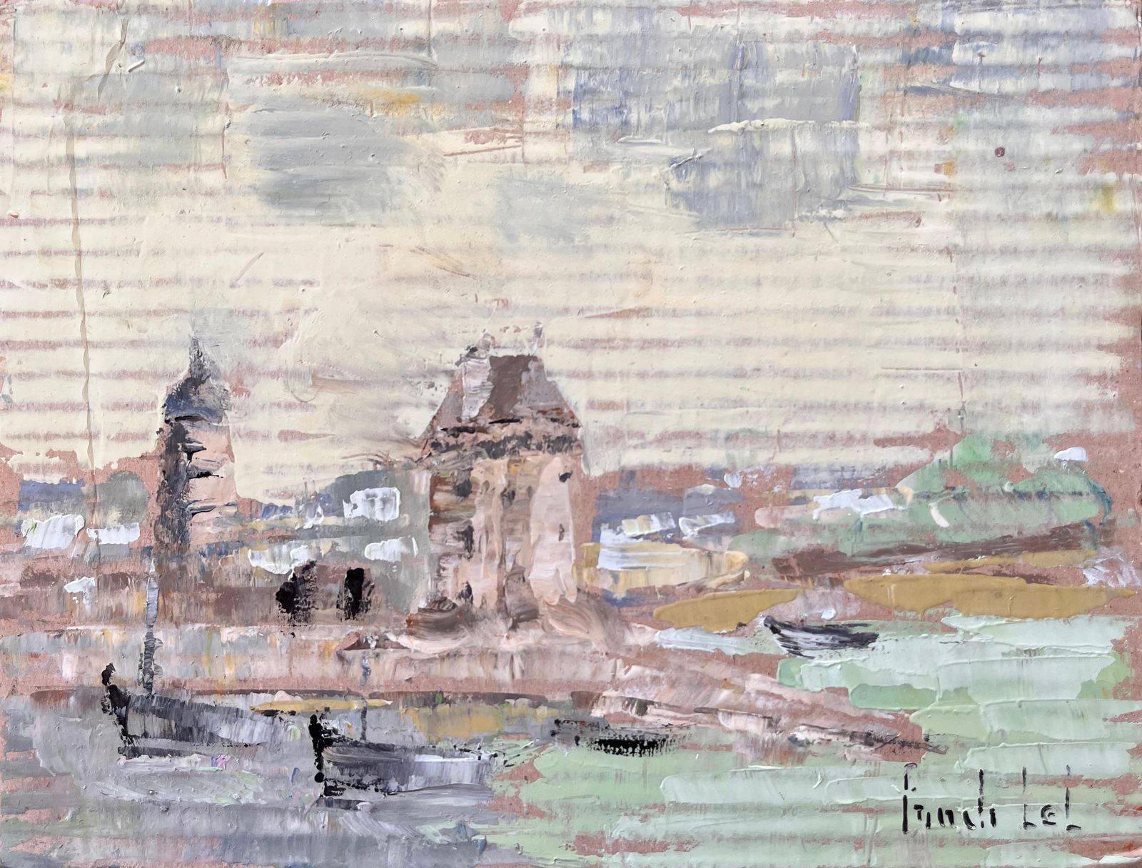 Fanch Lelimpressionist Coastal Village With Boats And Tower In Muted Pastel Palette