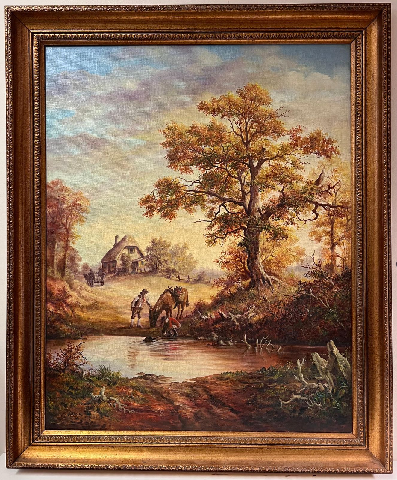 European Artisttraditional English Rural Country Scene Horse Drinking From Pool With Figures