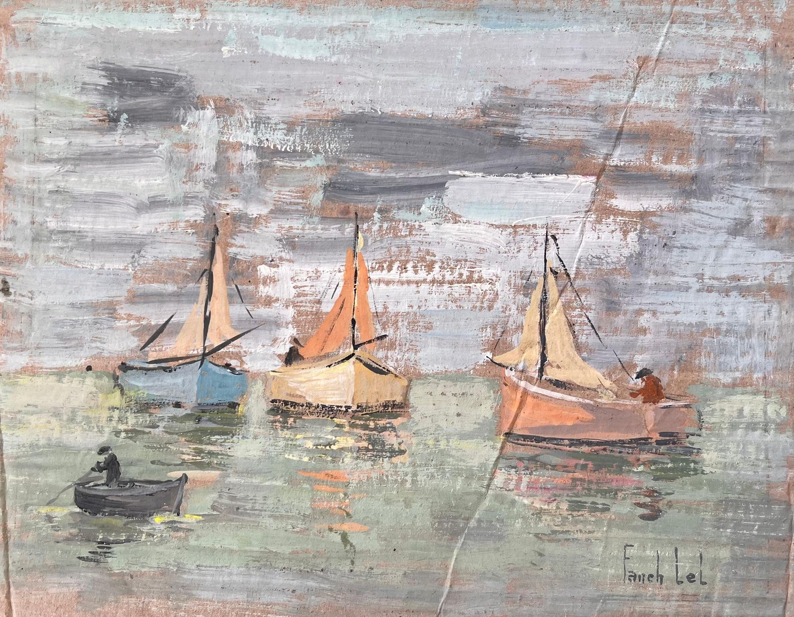Fanch Lelimpressionist Coastal Gouache Painting Of Fishing Boats And Rowing Figure At Sea