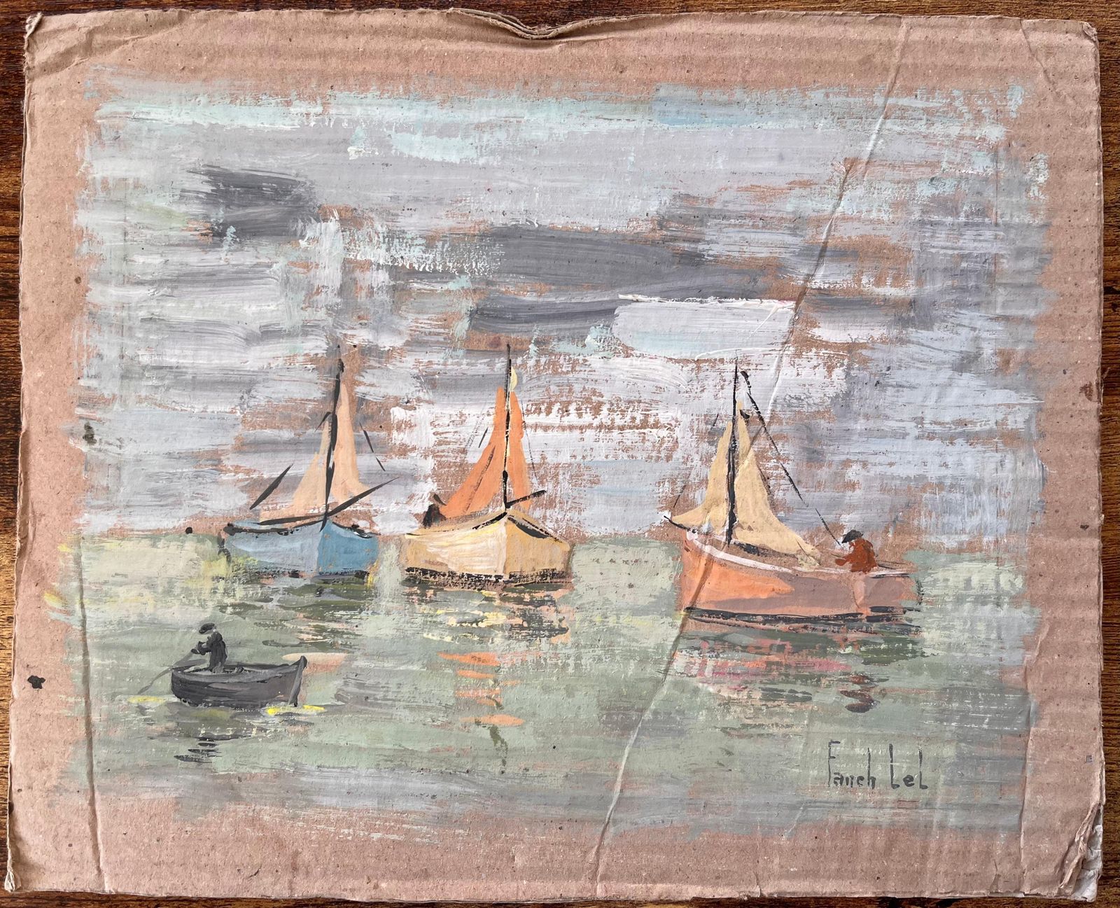 Fanch Lelimpressionist Coastal Gouache Painting Of Fishing Boats And Rowing Figure At Sea photo furniture