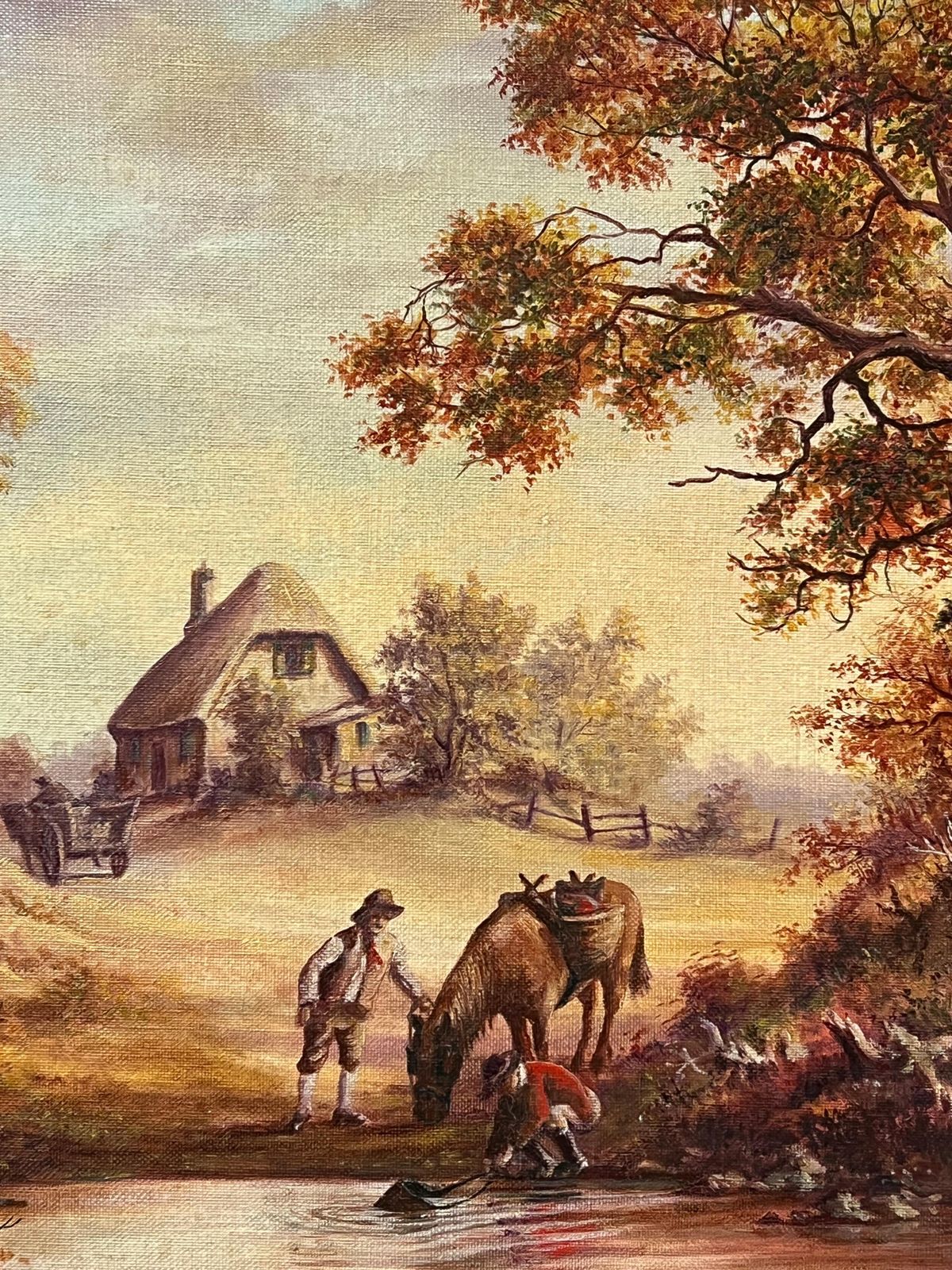 785.0 European Artisttraditional English Rural Country Scene Horse Drinking From Pool With Figures photo