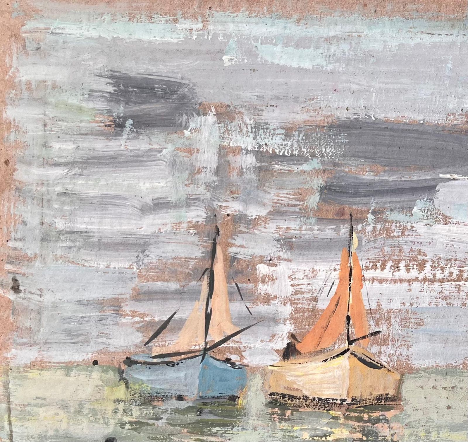 Fanch Lelimpressionist Coastal Gouache Painting Of Fishing Boats And Rowing Figure At Sea photo vinterior
