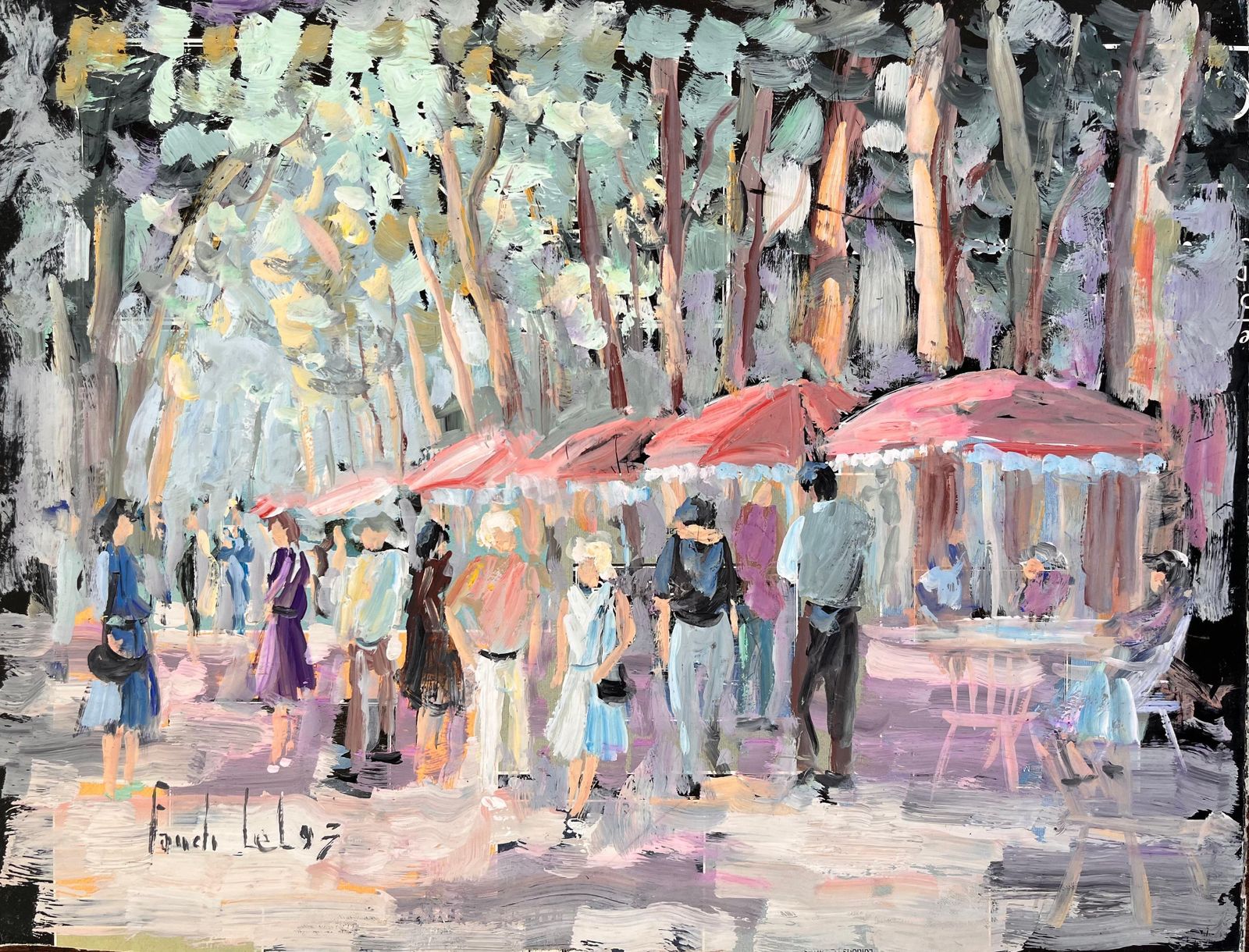 Fanch Lelimpressionist Outdoor Café Scene With Figures Trees And Red Umbrellas In Summer1993