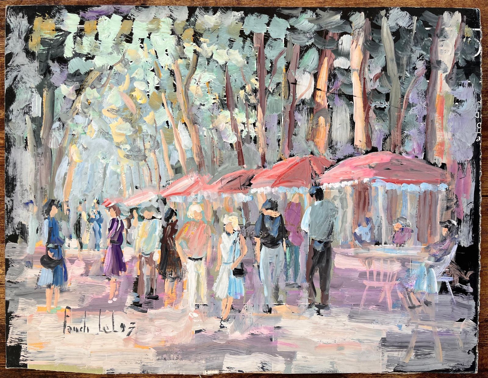 Fanch Lelimpressionist Outdoor Café Scene With Figures Trees And Red Umbrellas In Summer1993 photo furniture