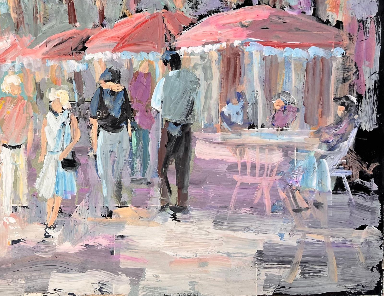 Fanch Lelimpressionist Outdoor Café Scene With Figures Trees And Red Umbrellas In Summer1993 photo for sale