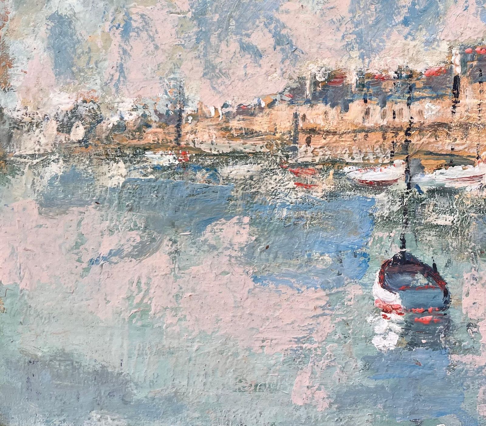 Fanch Lelfrench Coastal Oil Painting Of Moored Boats And Walled Seaside Town In Pastels photo 500.0