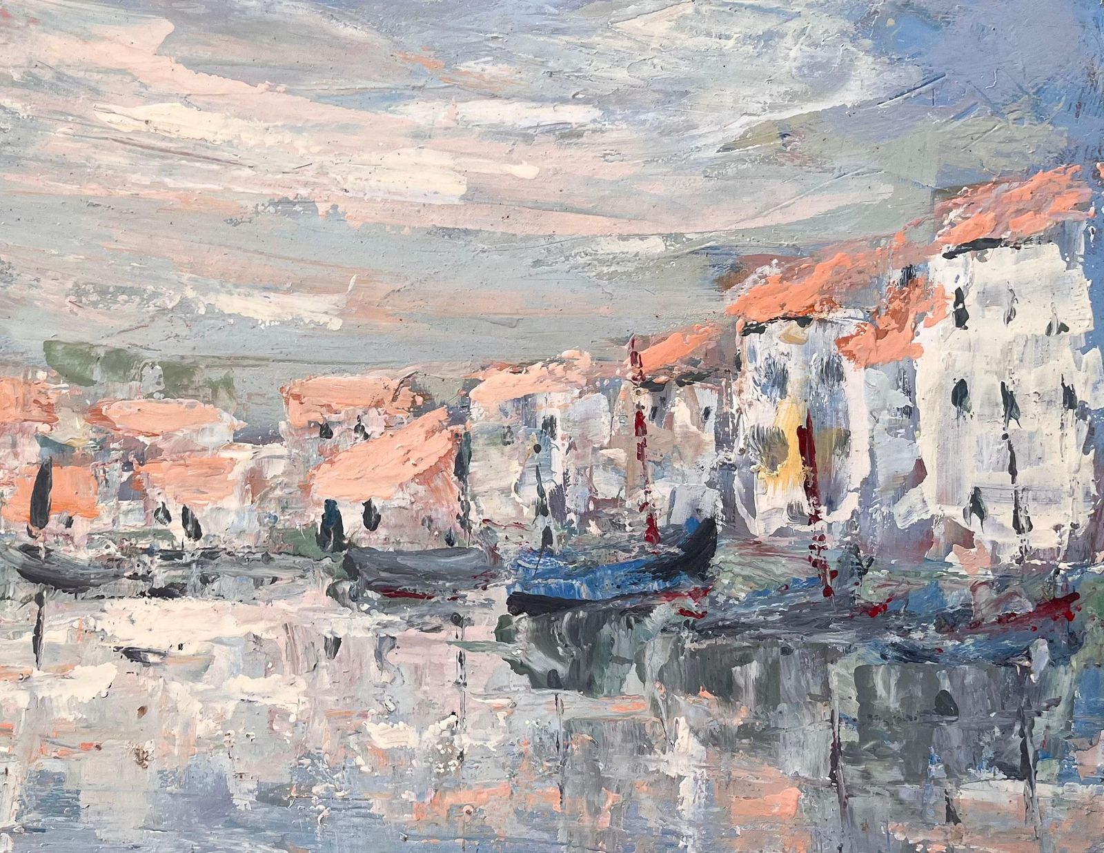 Fanch Lelfrench Canal Scene Oil Painting Of Whitewashed Buildings Gondolas And Reflection photo buy