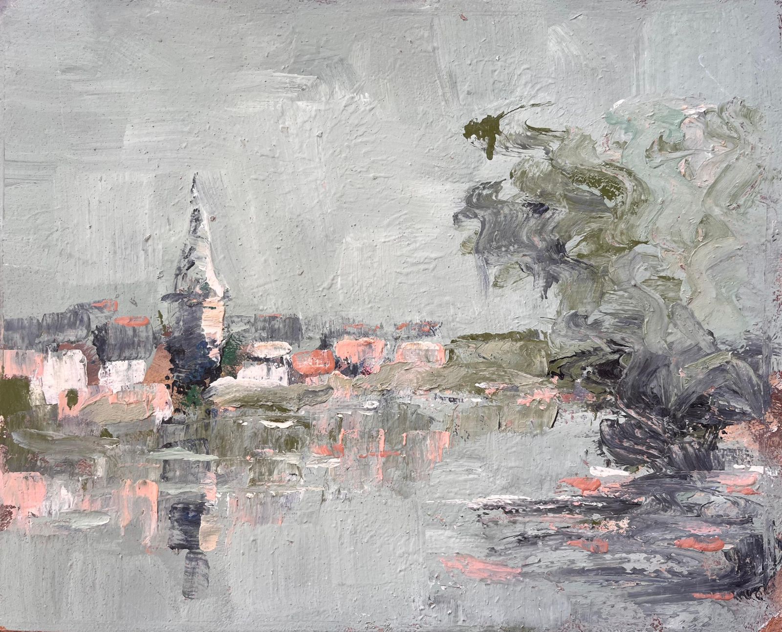 Fanch Lelfrench Village Landscape Oil Painting With Church Spire Reflection And Tree