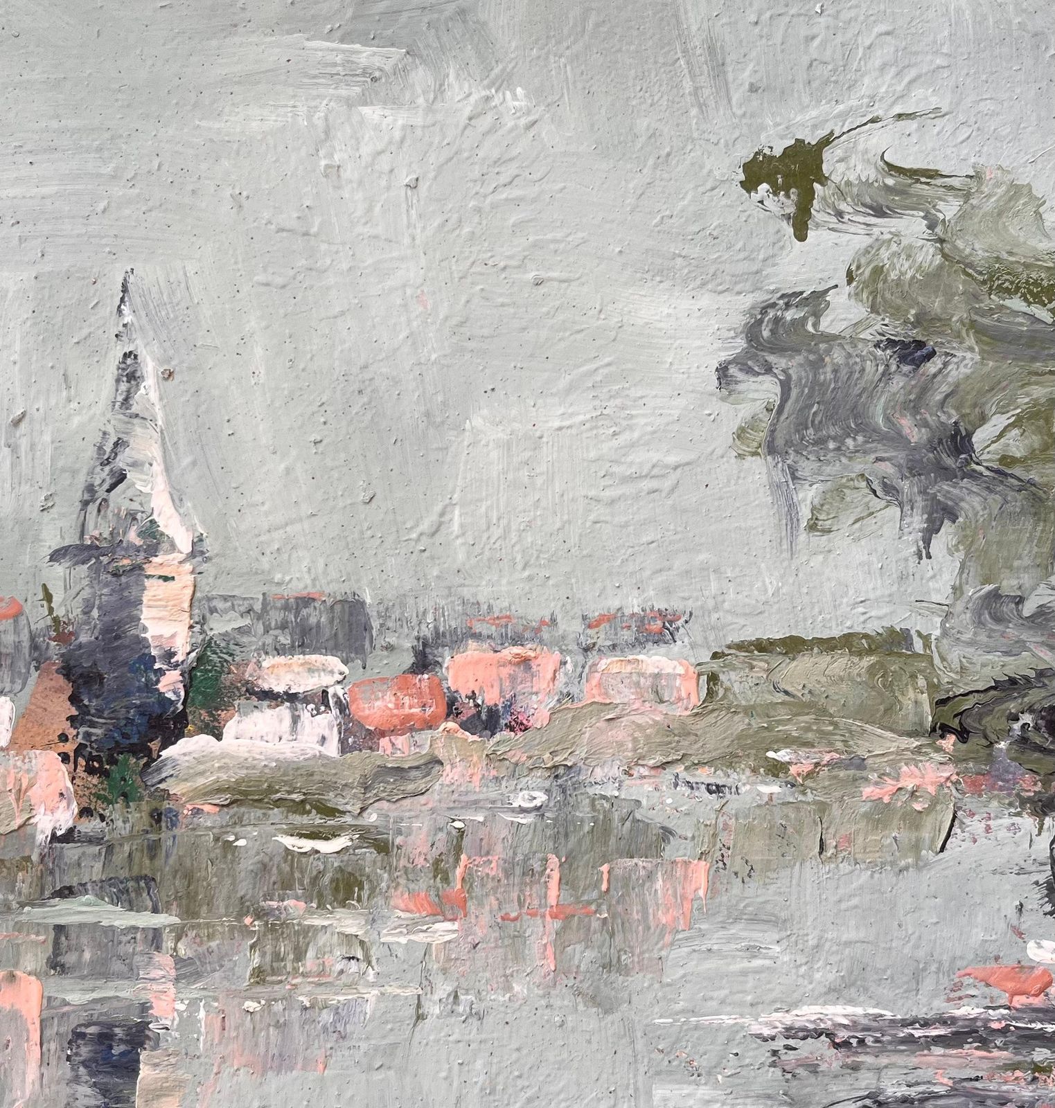Fanch Lelfrench Village Landscape Oil Painting With Church Spire Reflection And Tree photo buy