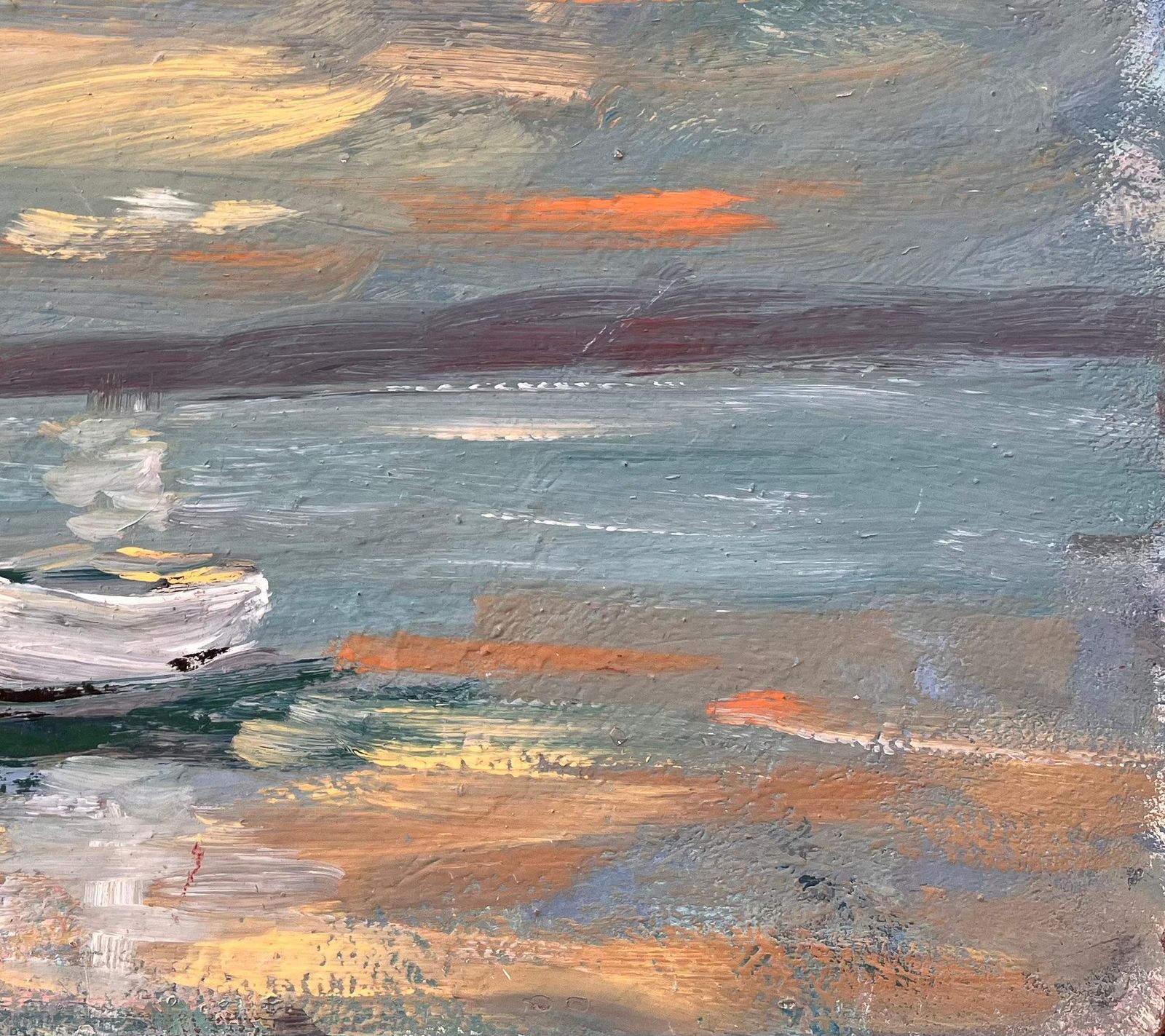 Fanch Lelfrench Coastal Oil Painting Of Small Rowboat At Sea Under Dramatic Sunset Sky photo Art