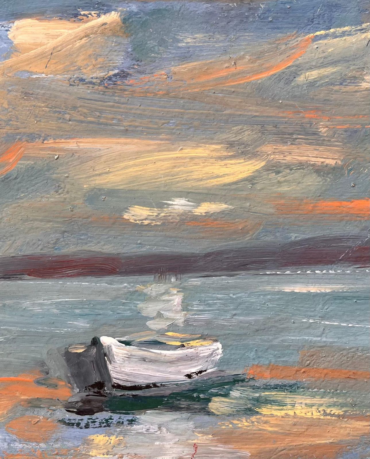 Fanch Lelfrench Coastal Oil Painting Of Small Rowboat At Sea Under Dramatic Sunset Sky photo buy