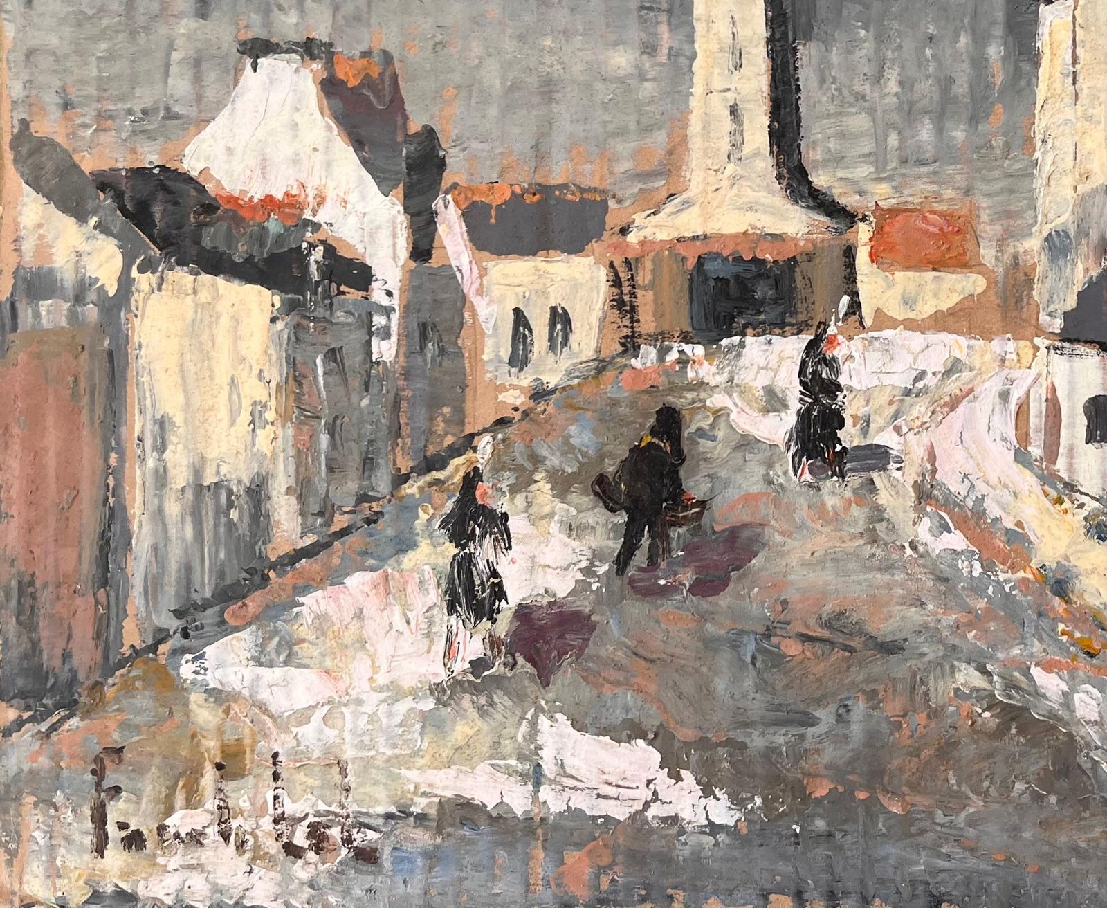 Fanch Lelimpressionist Painting Of French Village Street With Lighthouse And Figures photo for sale