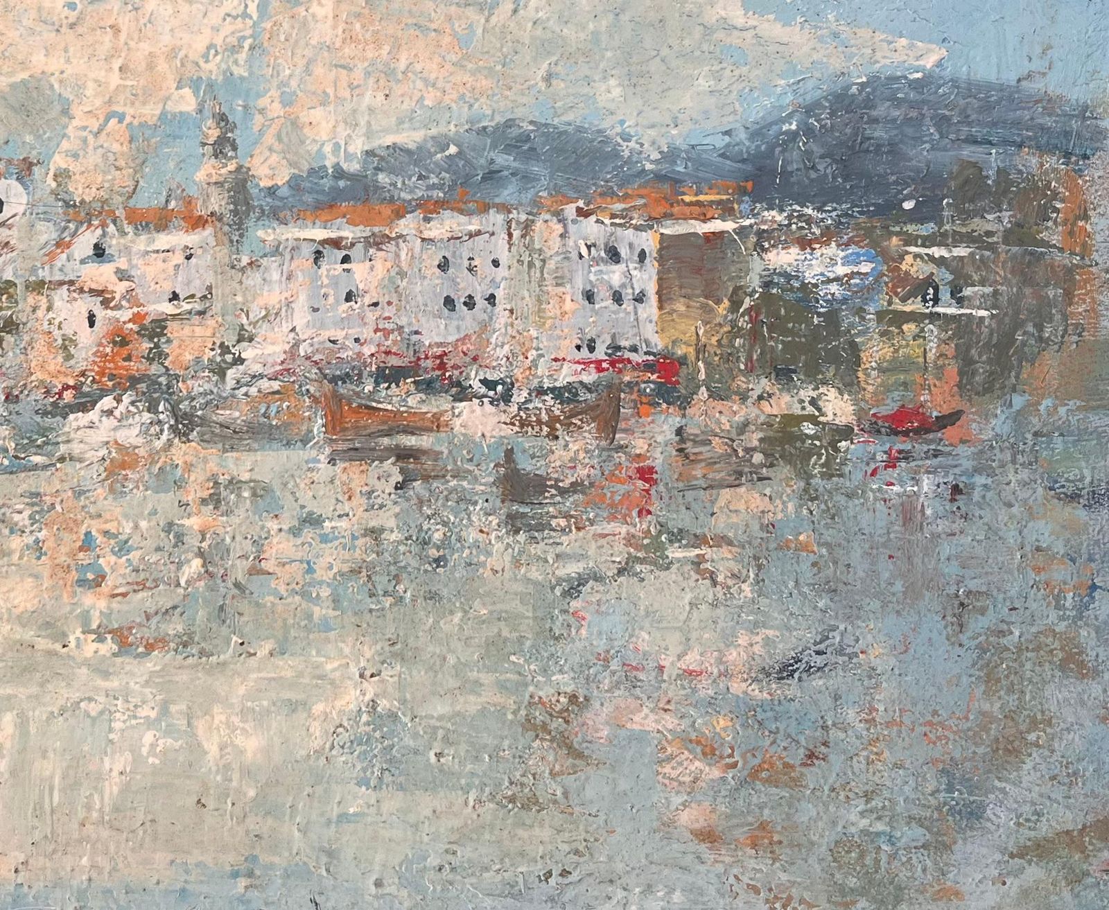 Fanch Lelimpressionist Harbour Scene Of Whitewashed Buildings And Boats With Blue Sky photo for sale