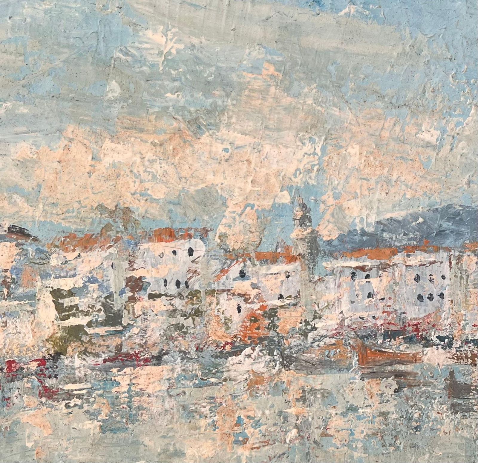 Fanch Lelimpressionist Harbour Scene Of Whitewashed Buildings And Boats With Blue Sky photo buy