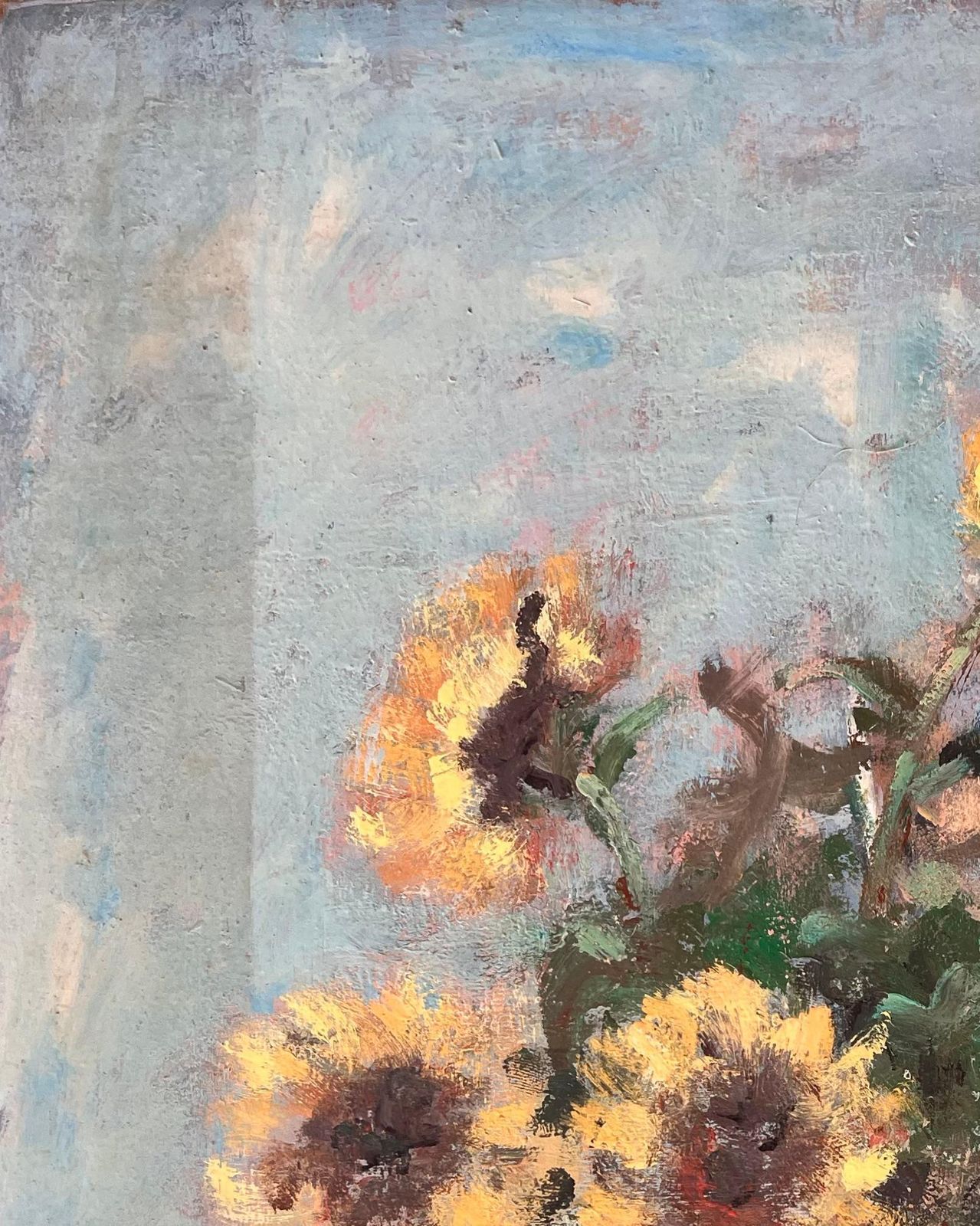 Fanch Lelimpressionist Still Life Of Sunflowers In A Vase With Soft Blue Background photo vinterior