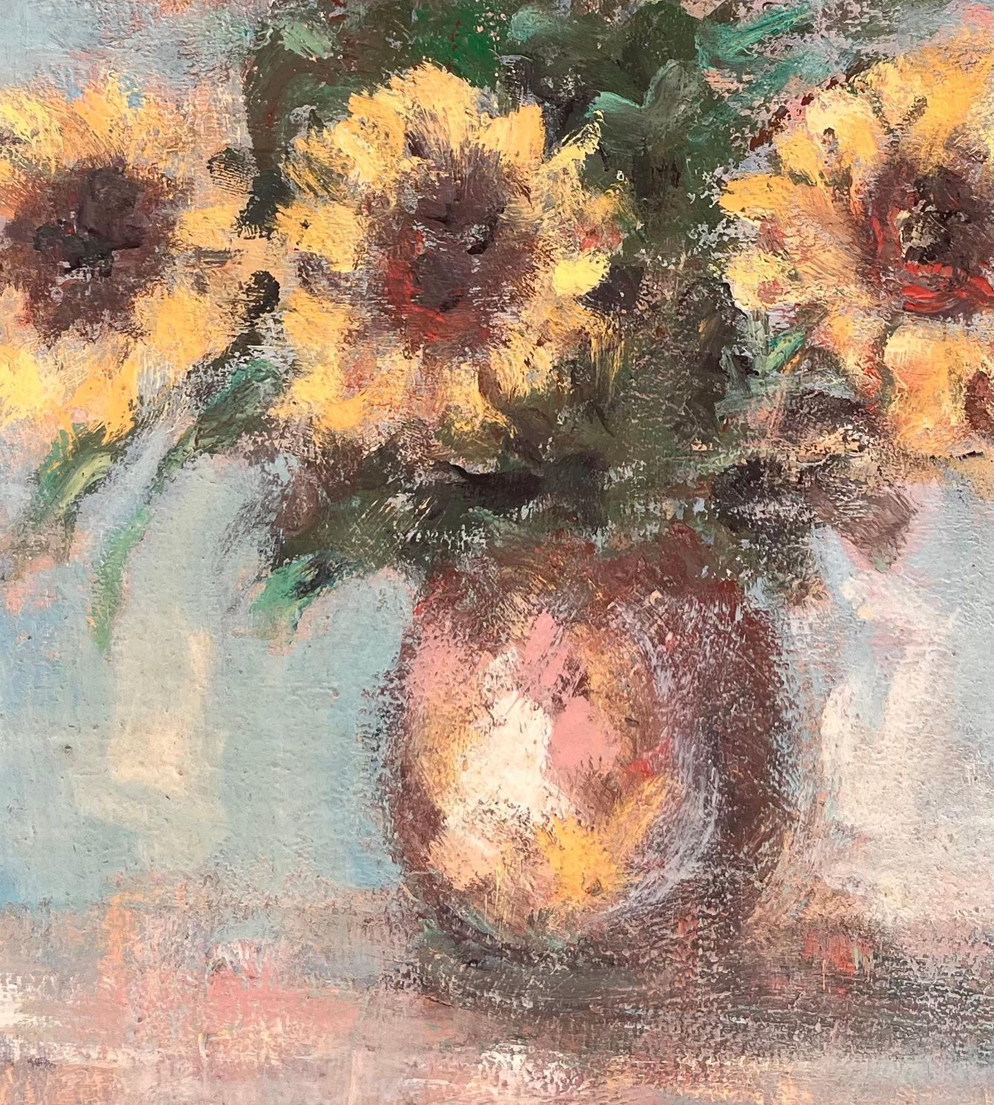 Fanch Lelimpressionist Still Life Of Sunflowers In A Vase With Soft Blue Background photo buy