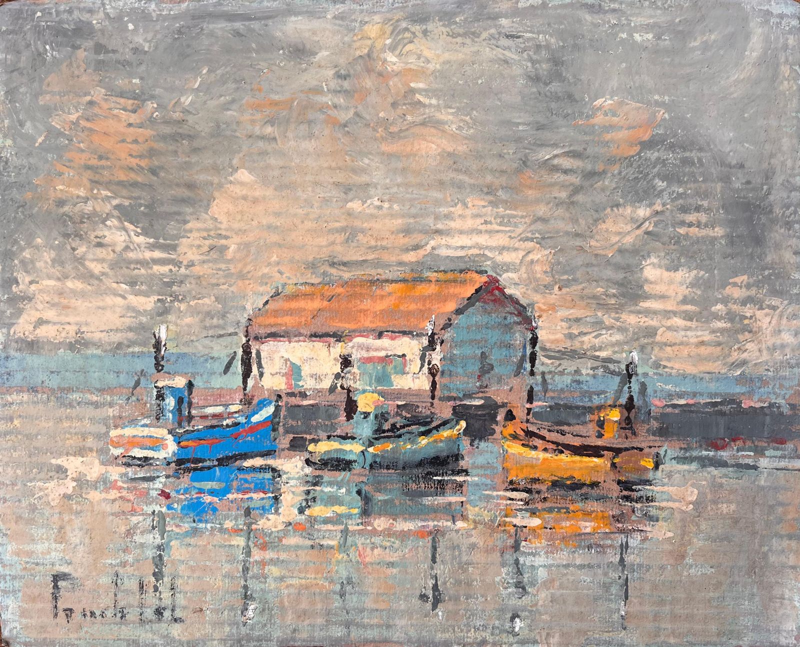 Fanch Lelimpressionist Painting Of Fishing Boats And Boathouse Under Dramatic Sky