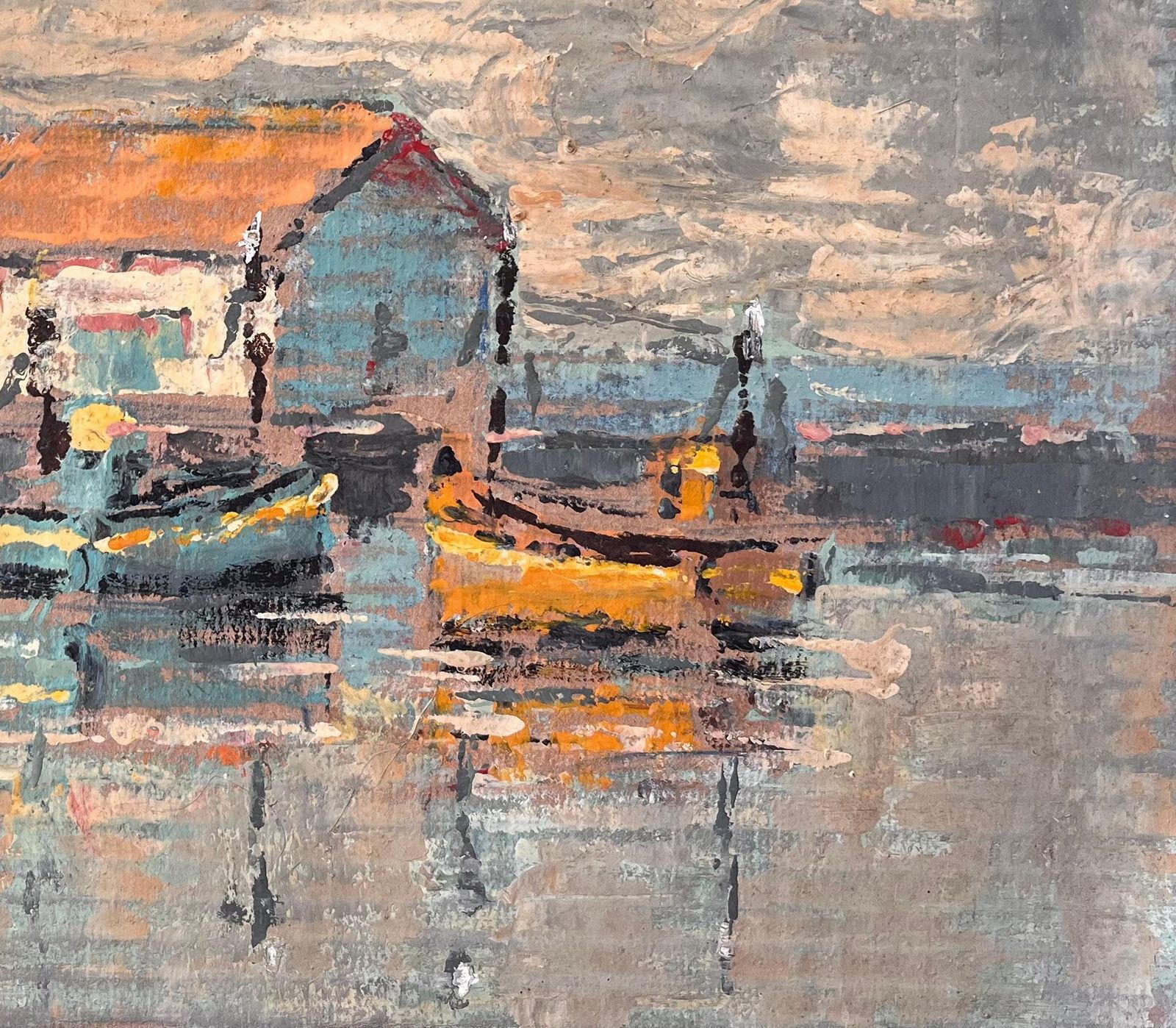 Fanch Lelimpressionist Painting Of Fishing Boats And Boathouse Under Dramatic Sky photo for sale
