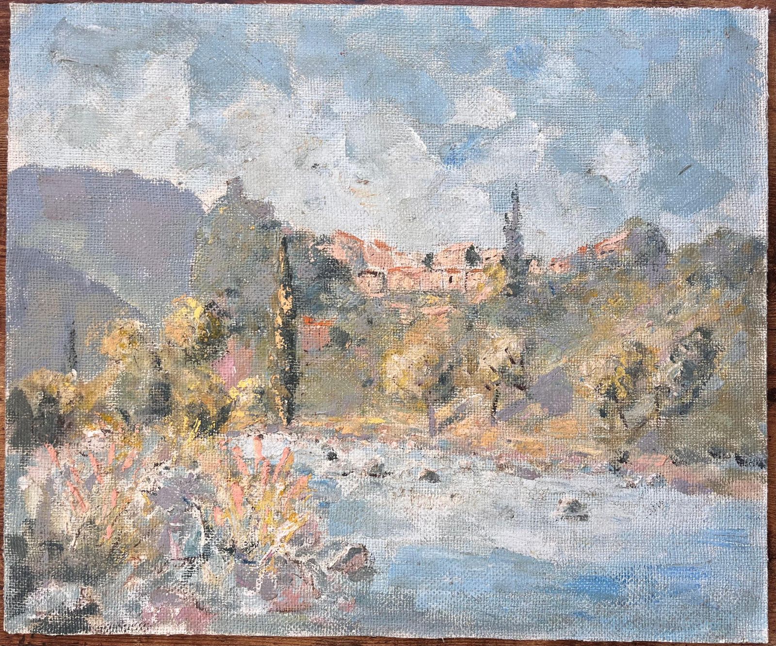 Fanch Lelimpressionist Mountain Village Landscape With River Cypress Trees And Wildflower photo furniture
