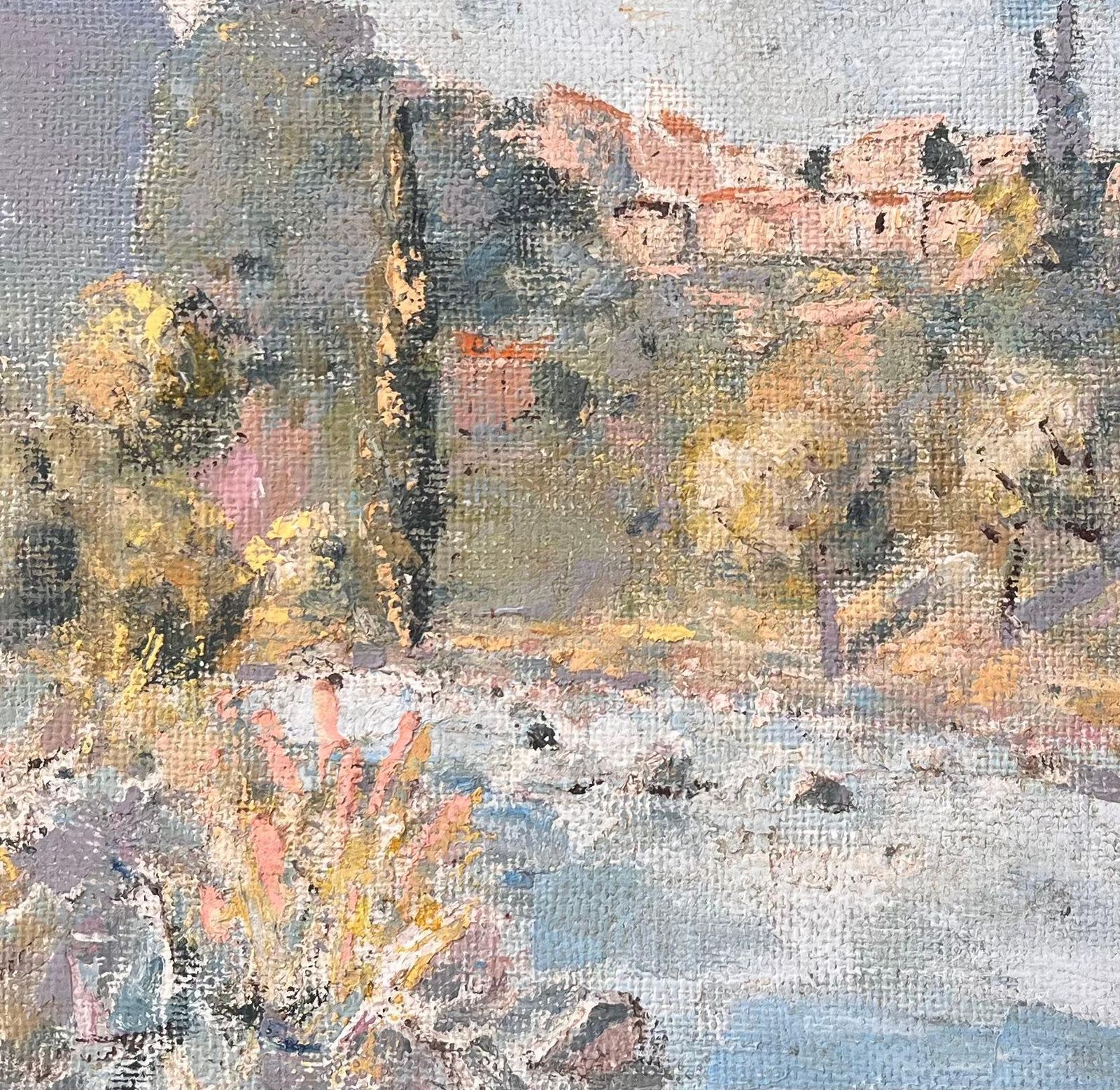 Fanch Lelimpressionist Mountain Village Landscape With River Cypress Trees And Wildflower photo vinterior
