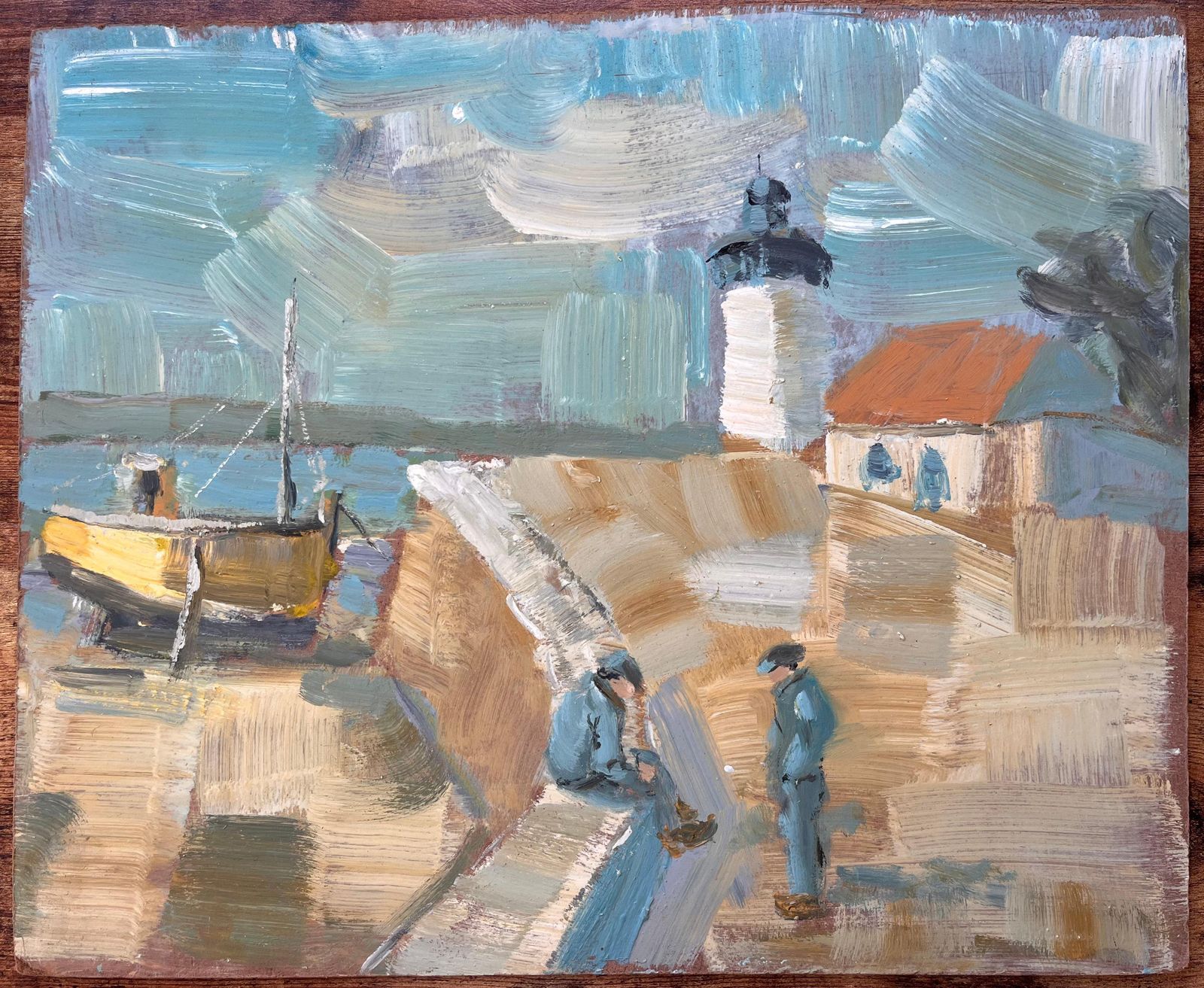 Fanch Lelfrench Coastal Lighthouse Scene With Sailors And Yellow Boat In Bold Oil photo furniture