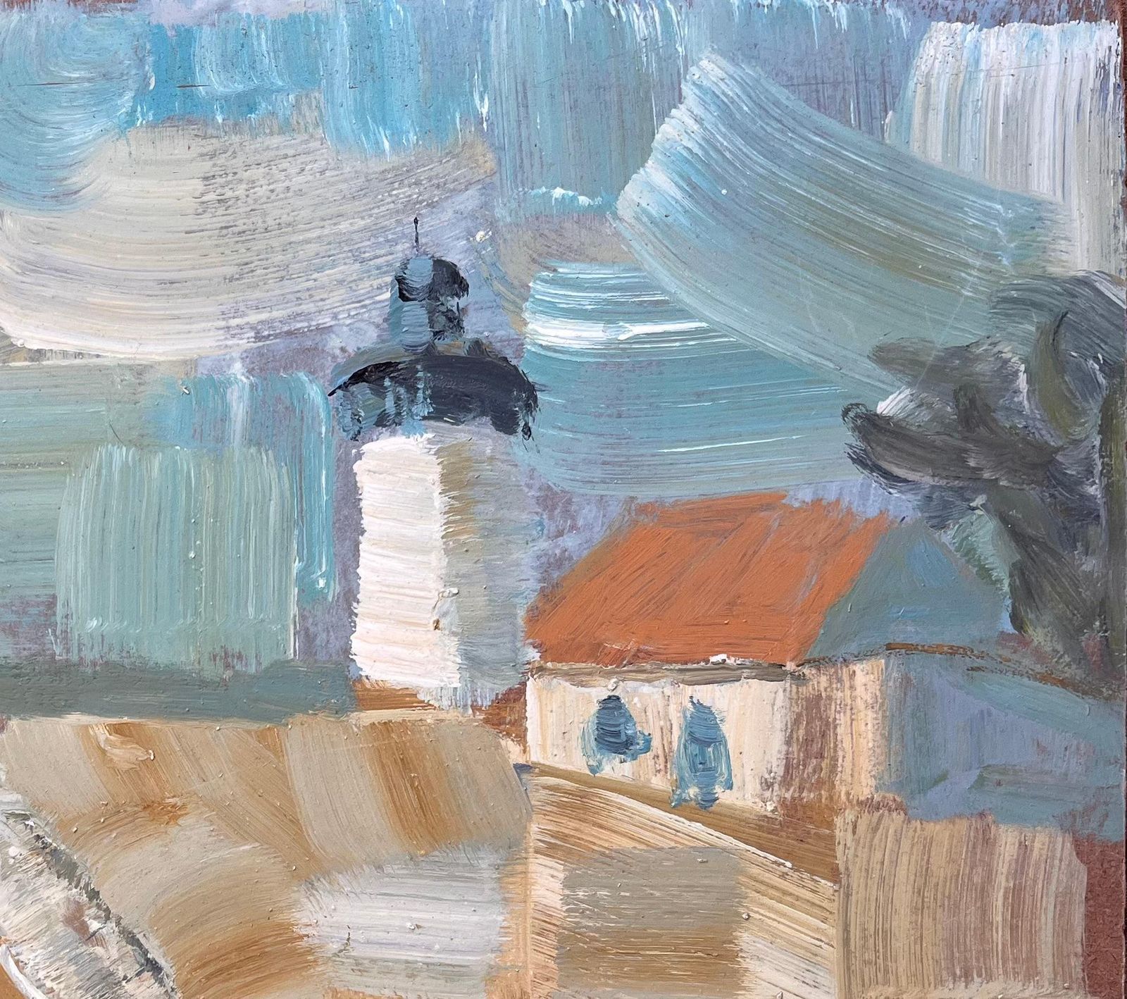 Fanch Lelfrench Coastal Lighthouse Scene With Sailors And Yellow Boat In Bold Oil photo Art