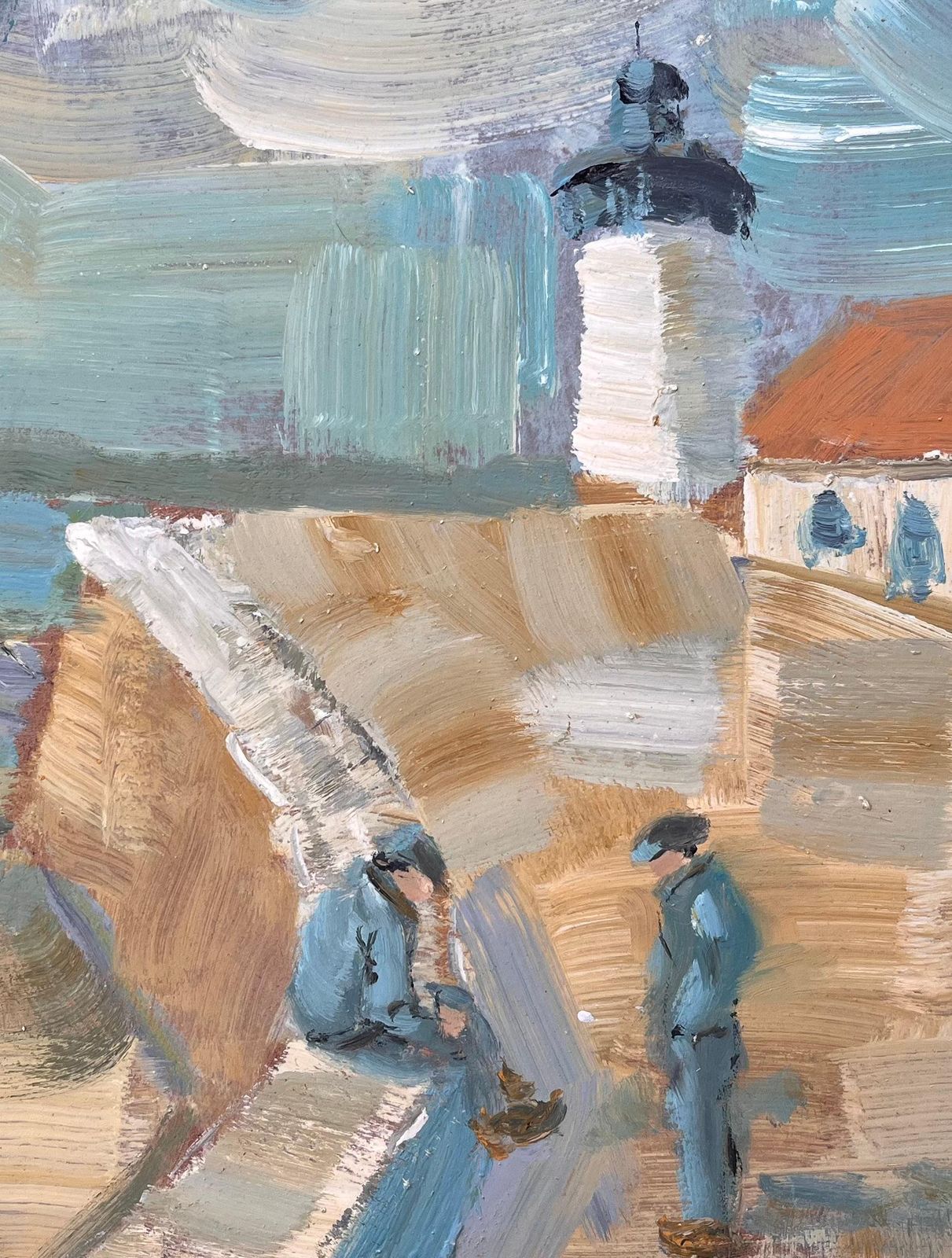 Fanch Lelfrench Coastal Lighthouse Scene With Sailors And Yellow Boat In Bold Oil photo buy