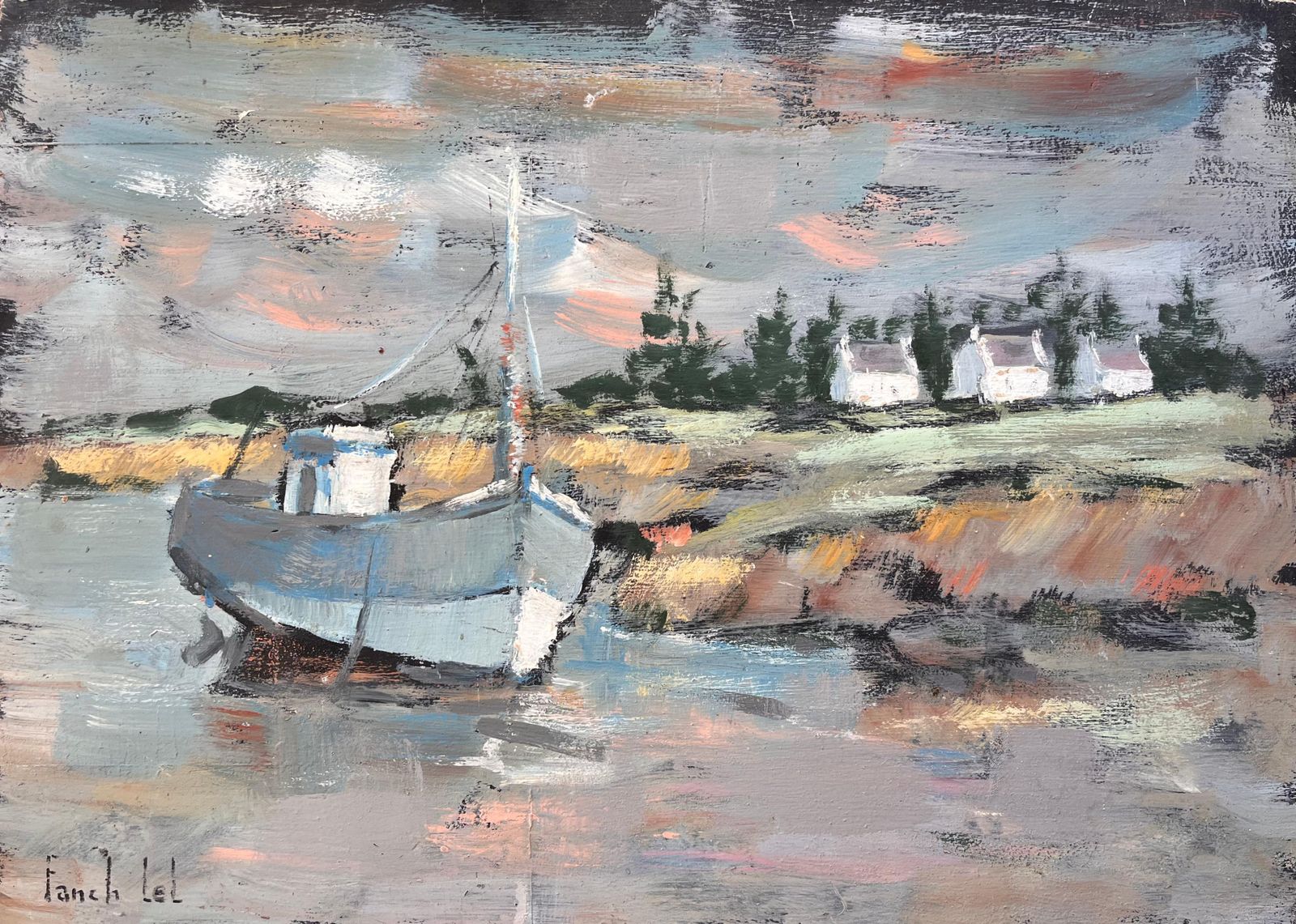 Fanch Lelimpressionist Coastal Landscape With Blue Fishing Boat And White Cottages