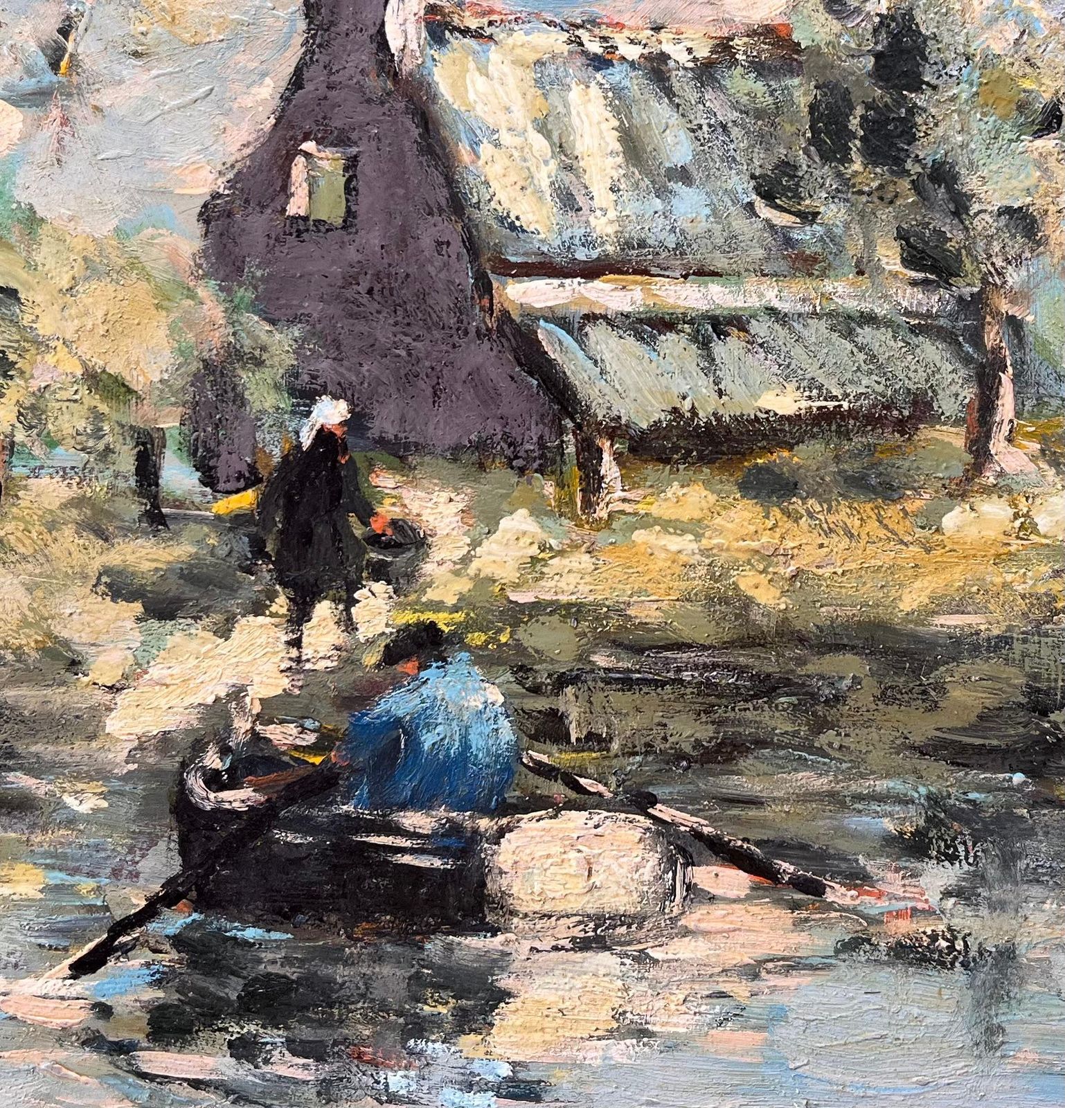 Fanch Lelfrench Impressionist Oil Painting Of Fishermen Rowing By Countryside Cottage photo buy