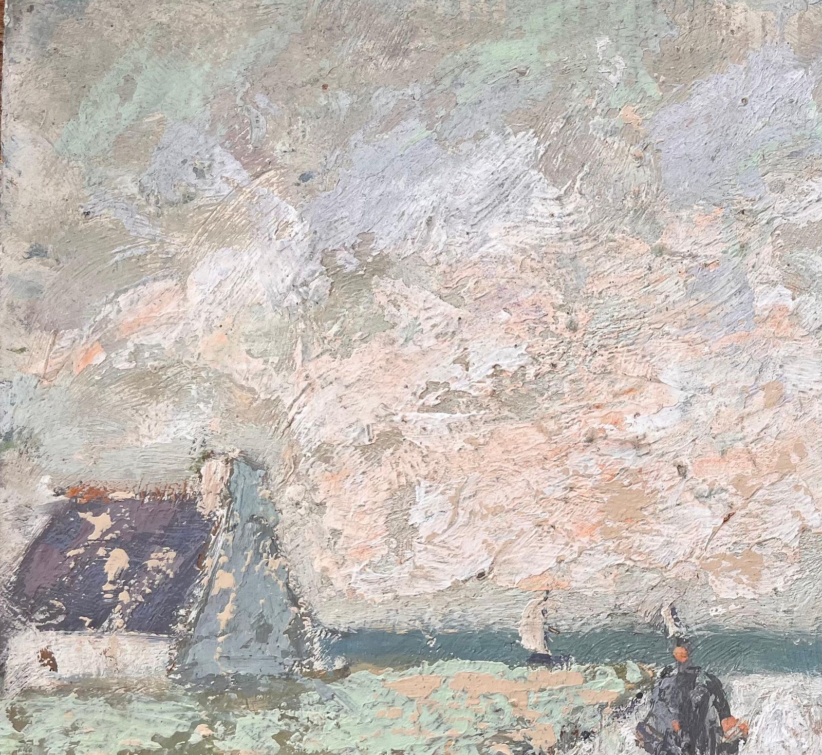 Fanch Lelfrench Coastal Village Oil Painting Of Thatched Cottages And Figure Walking photo vinterior