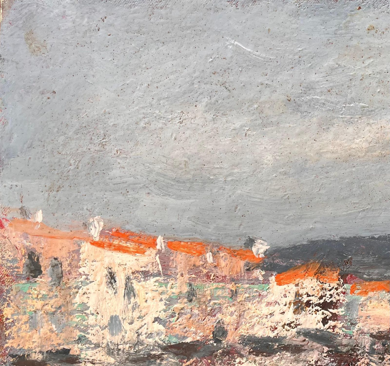 Fanch Lelfrench Coastal Oil Painting Of Seaside Village With Red Roofs Reflected In Water photo for sale