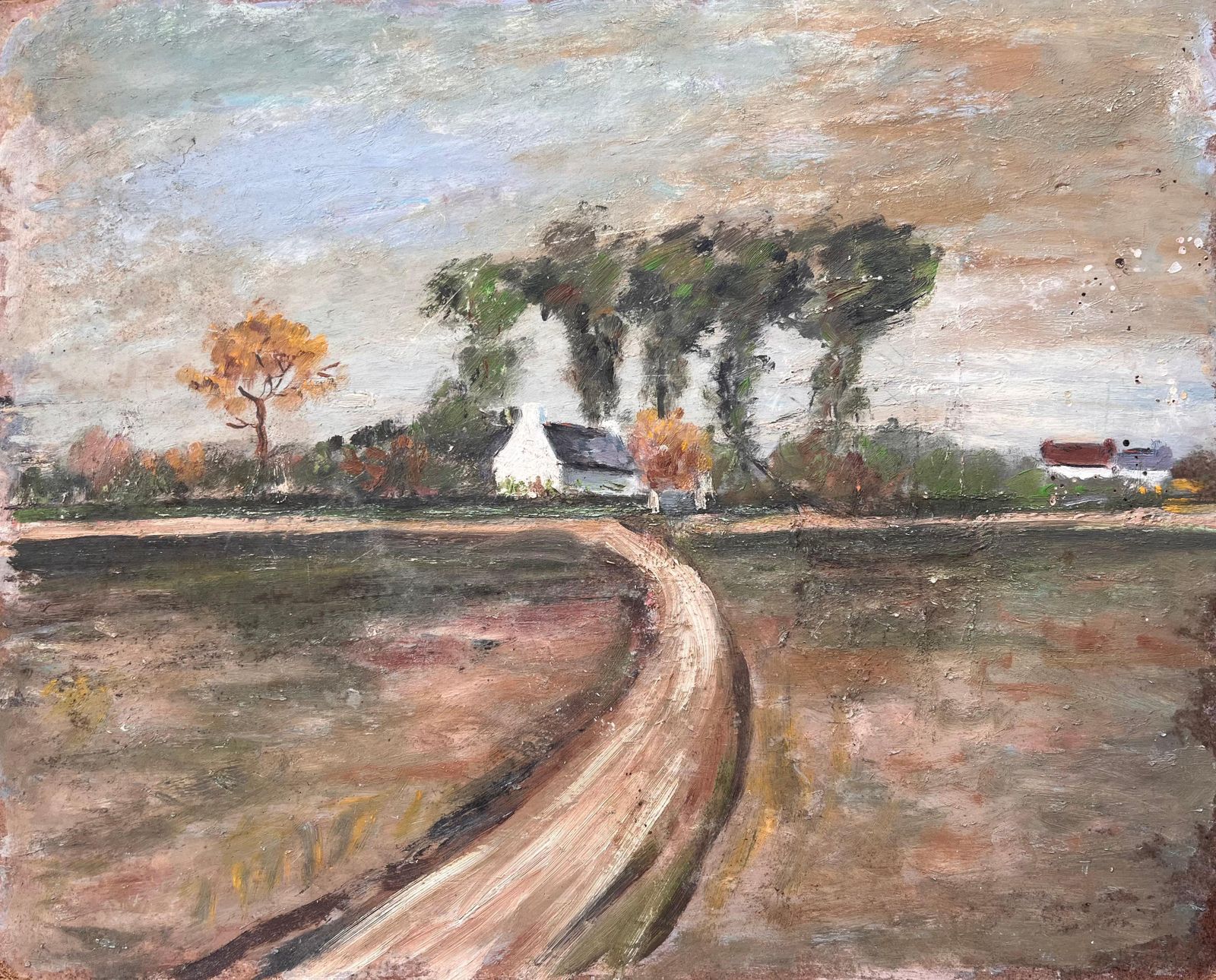 Fanch Lelfrench Countryside Oil Painting Of Curved Path Farmhouse Autumn Trees And Fields